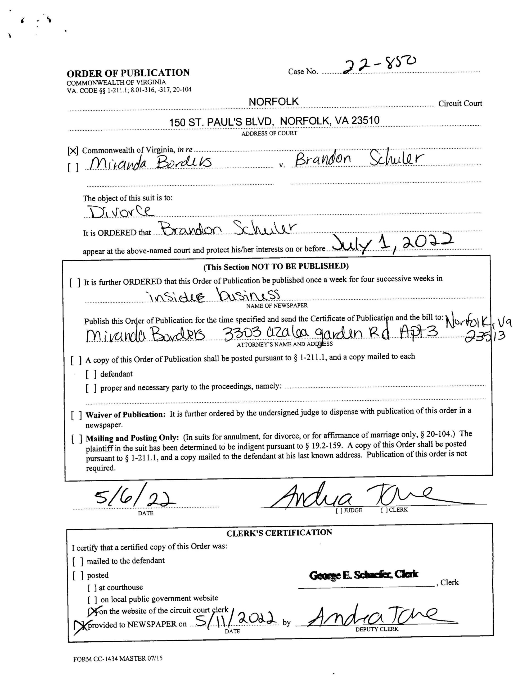 CL22-850 ORDER OF PUBLICATION