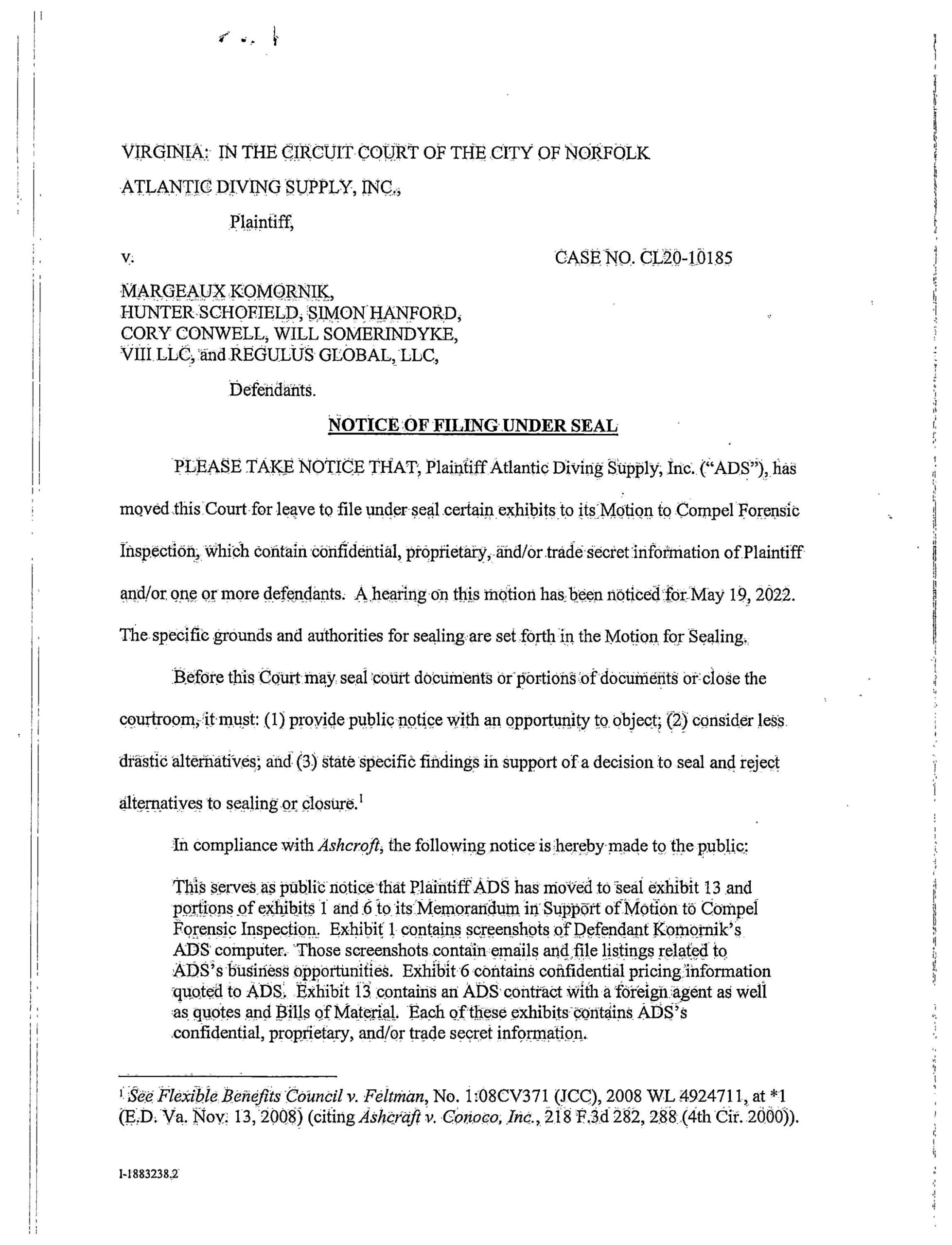 CL20-10185 NOTICE OF FILING UNDER SEAL
