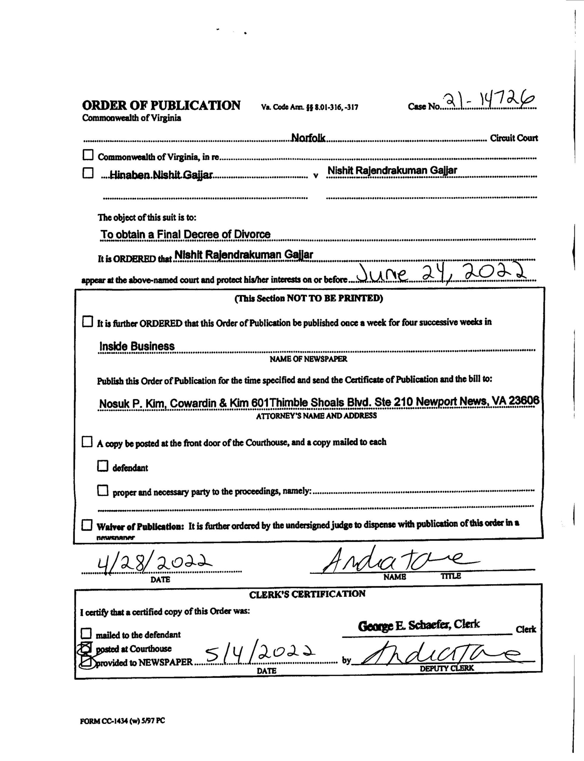 CL21-14726 Order of Publication