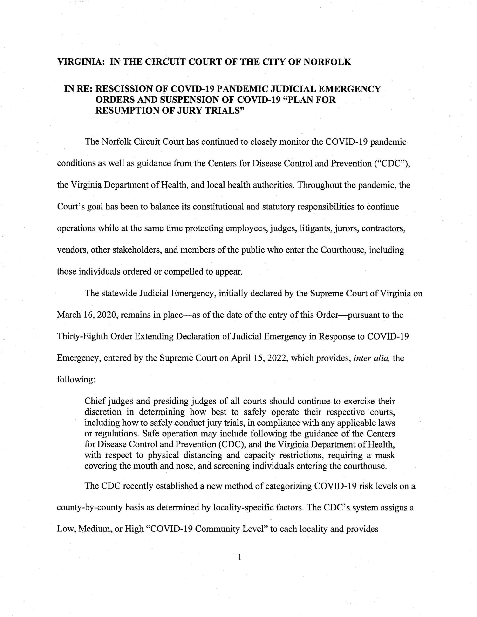 Rescission of COVID-19 Pandemic Judicial Emergency Orders