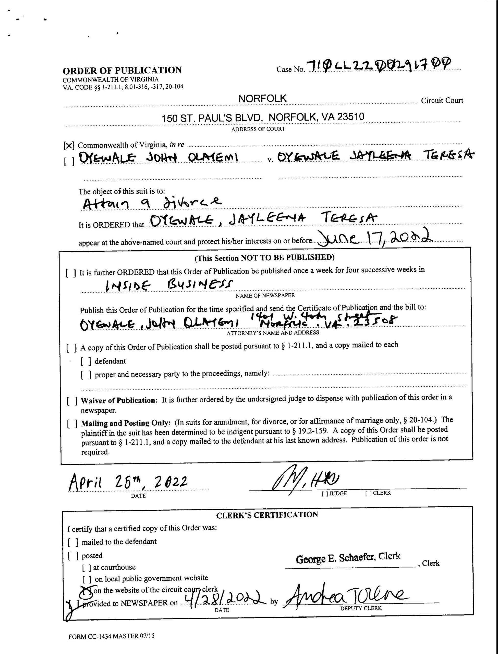 CL22-2917 ORDER OF PUBLICATION