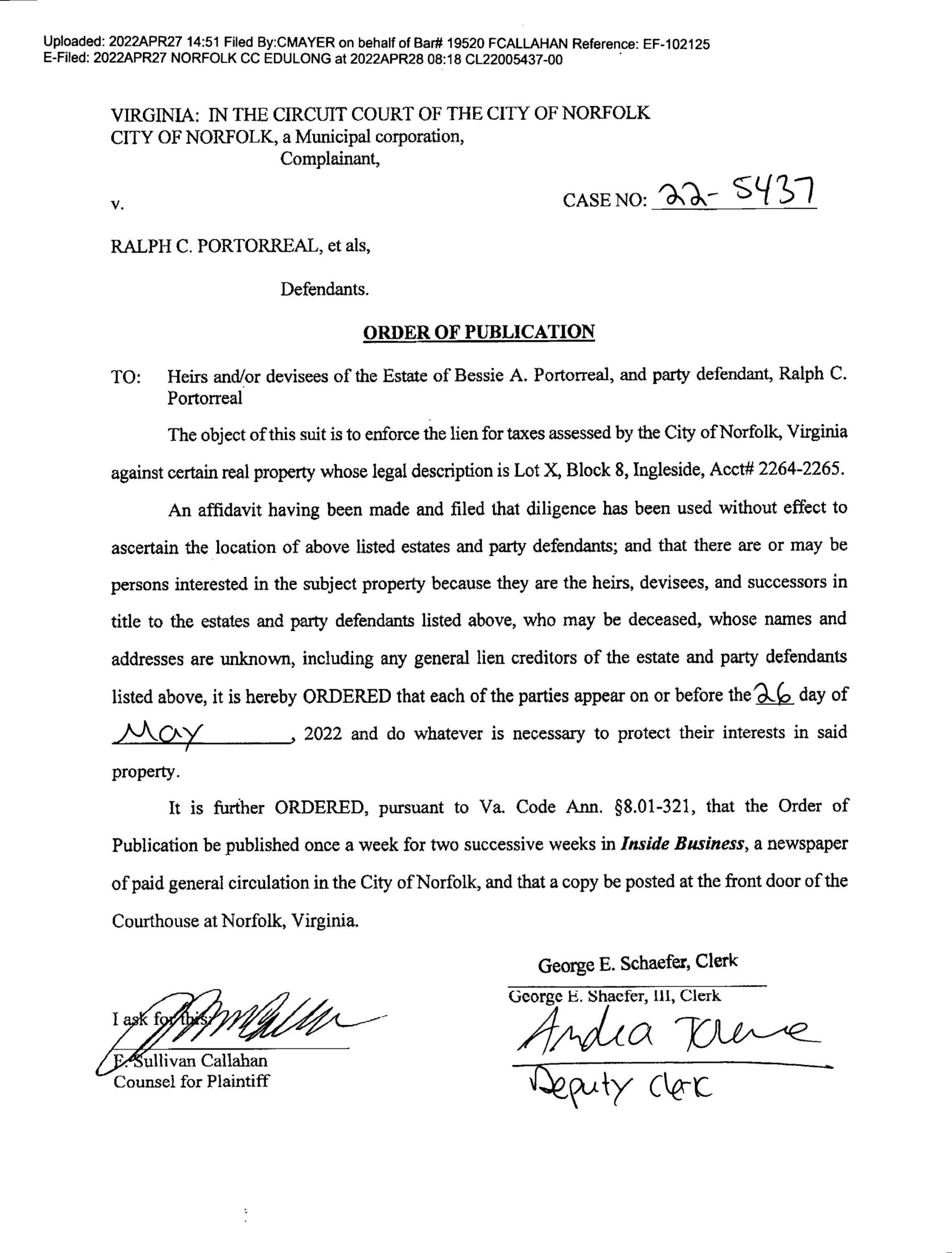 CL22-5437 ORDER OF PUBLICATION