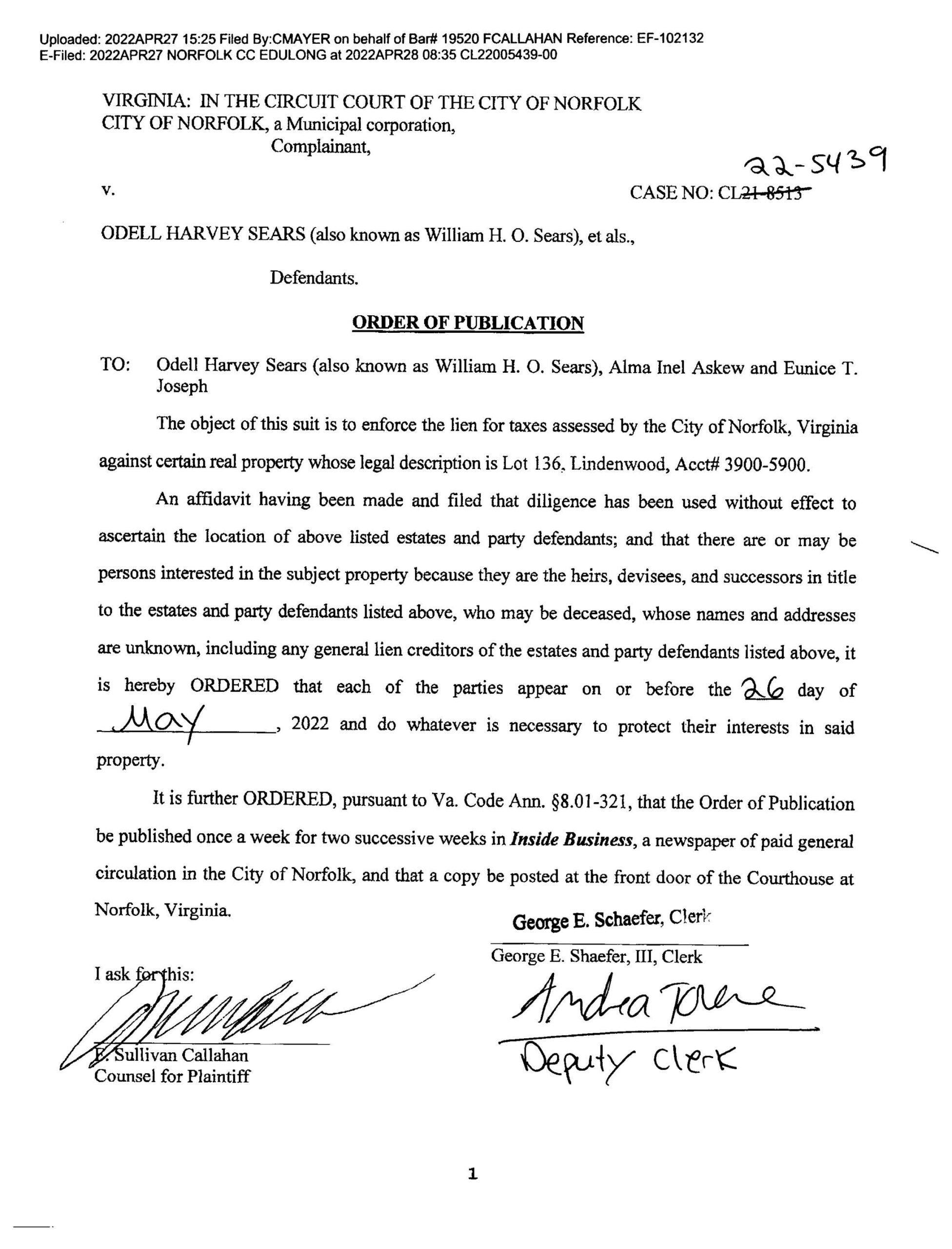 CL22-5439 ORDER OF PUBLICATION