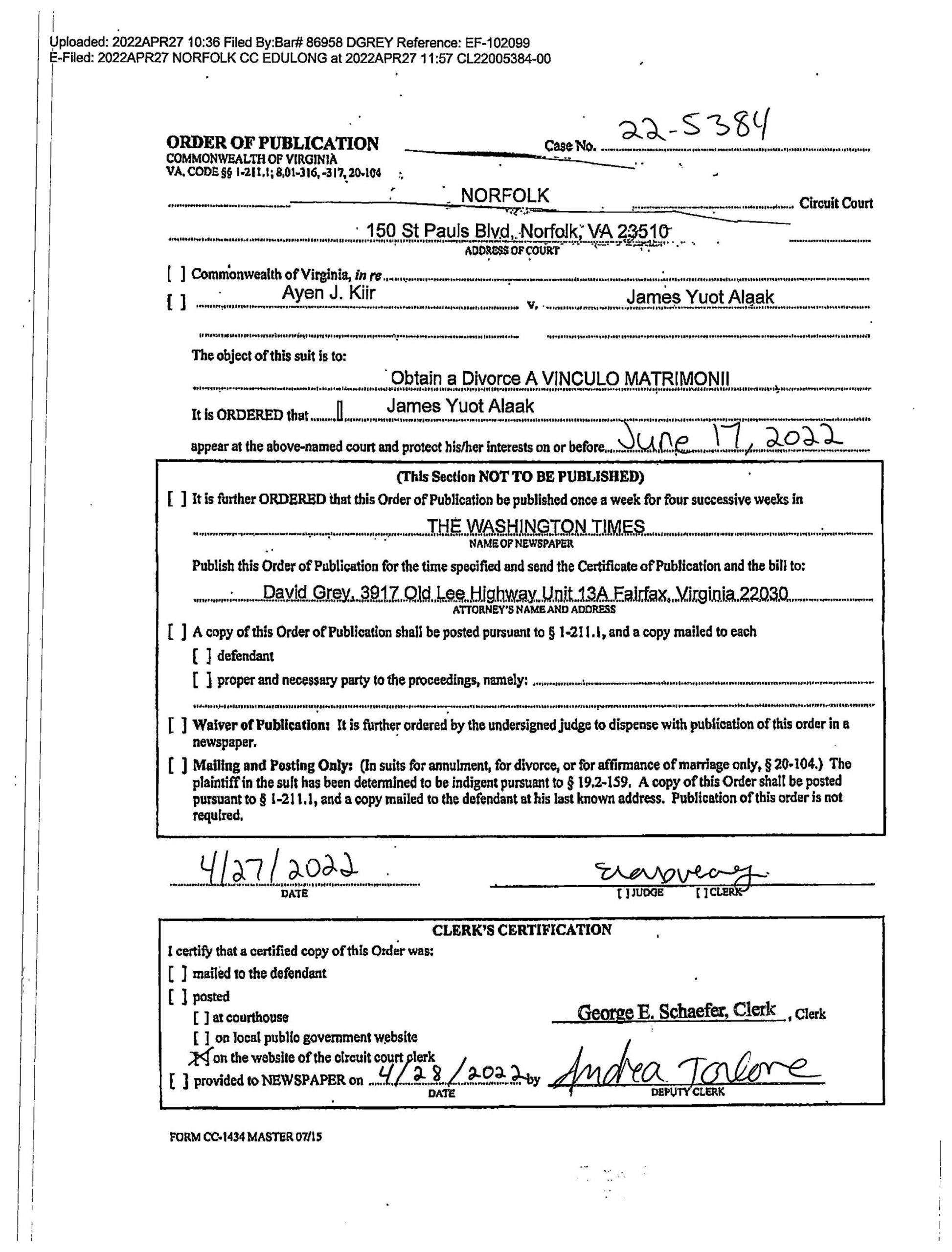 CL22-5384 ORDER OF PUBLICATION