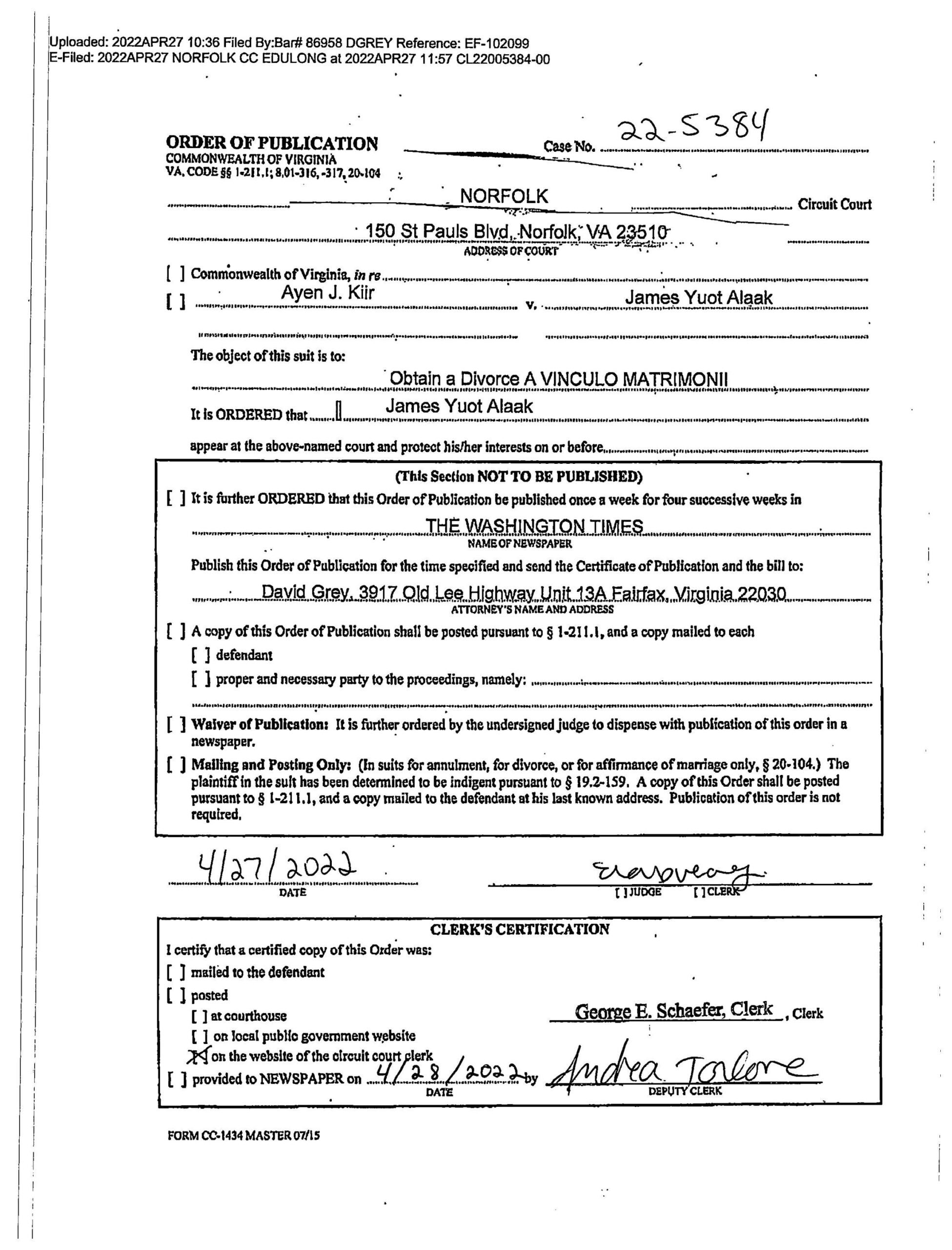 CL22-5384 ORDER OF PUBLICATION