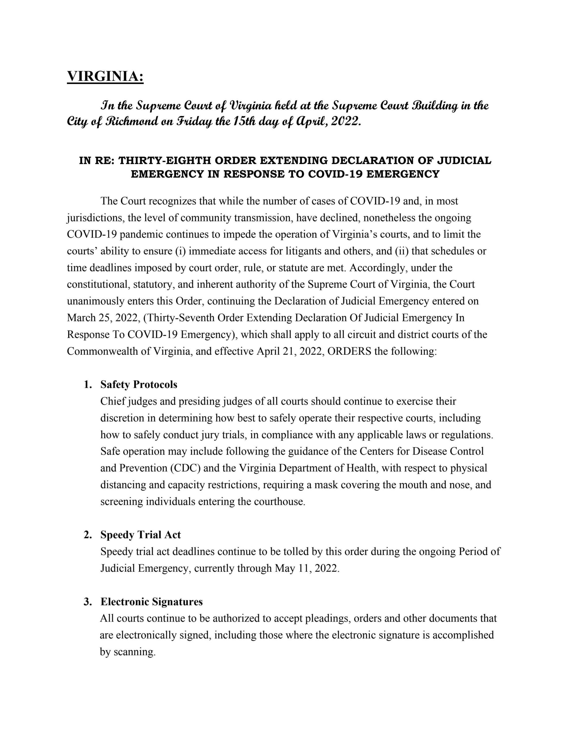 38th Judicial Emergency Order from SCV
