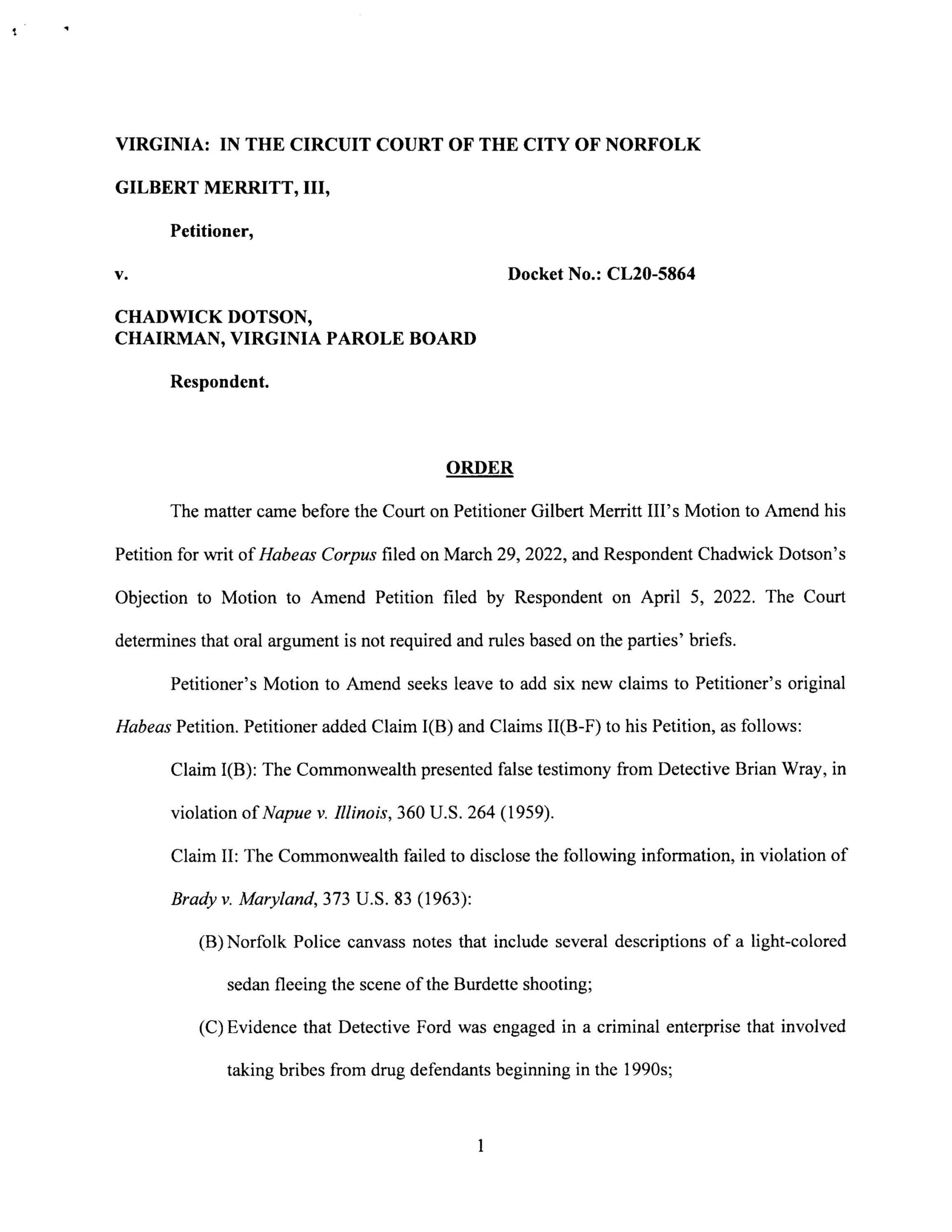 Gilbert Merritt, III v. Chadwick Dotson, Chairman