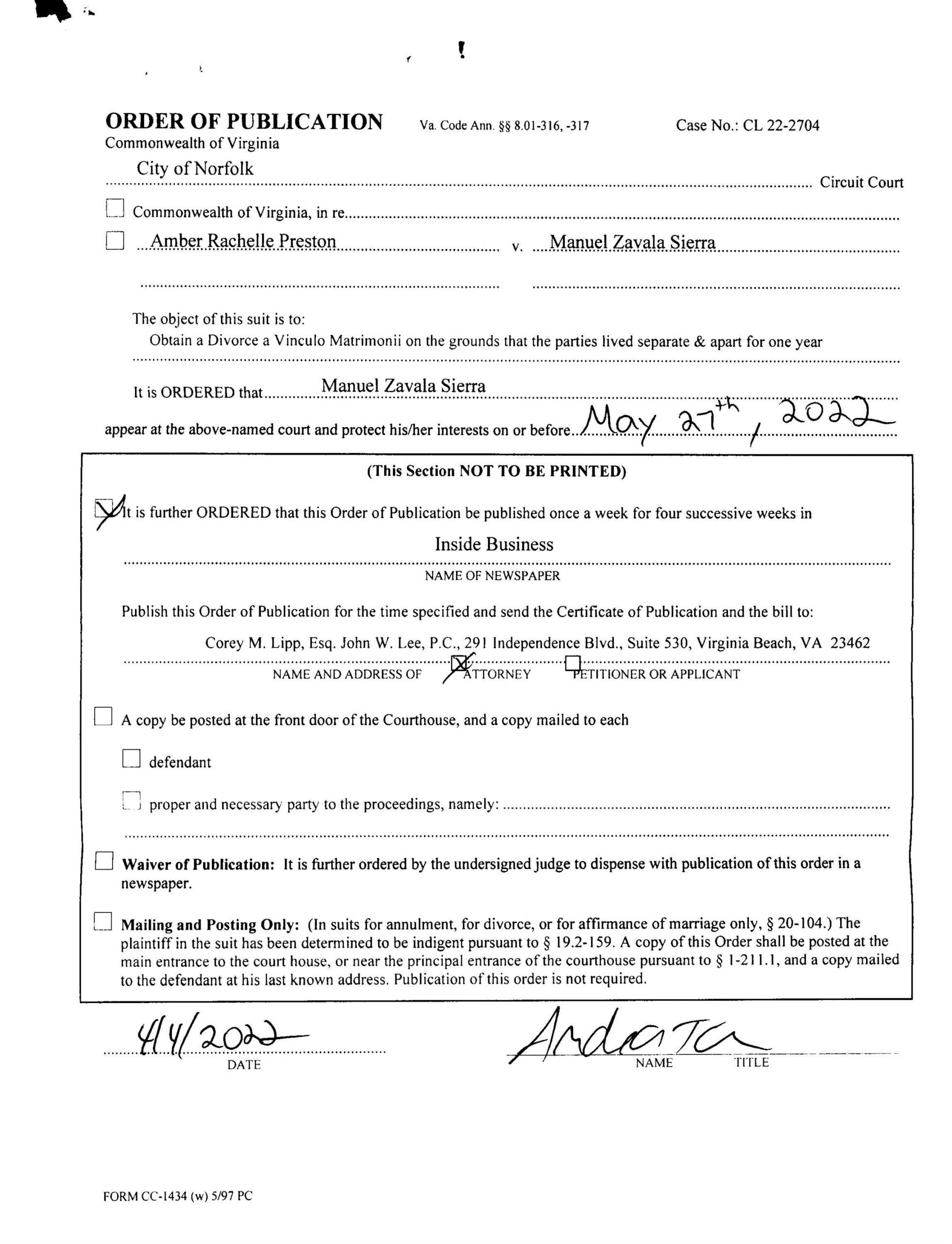 CL22-2704 Order Of Publication