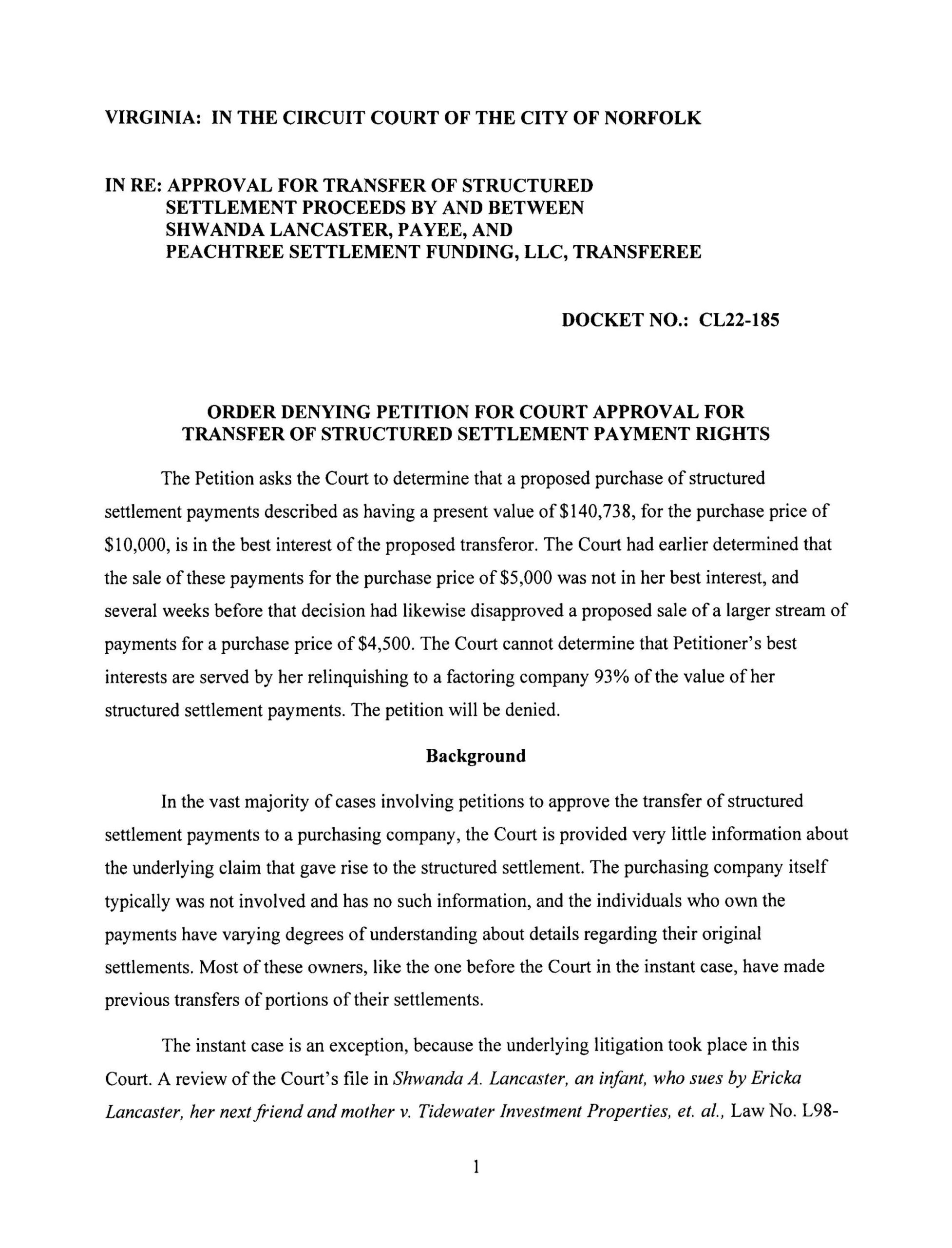 In Re: Approval for Transfer of Structured Settlement Between Shwanda Lancaster and Peachtree Settle