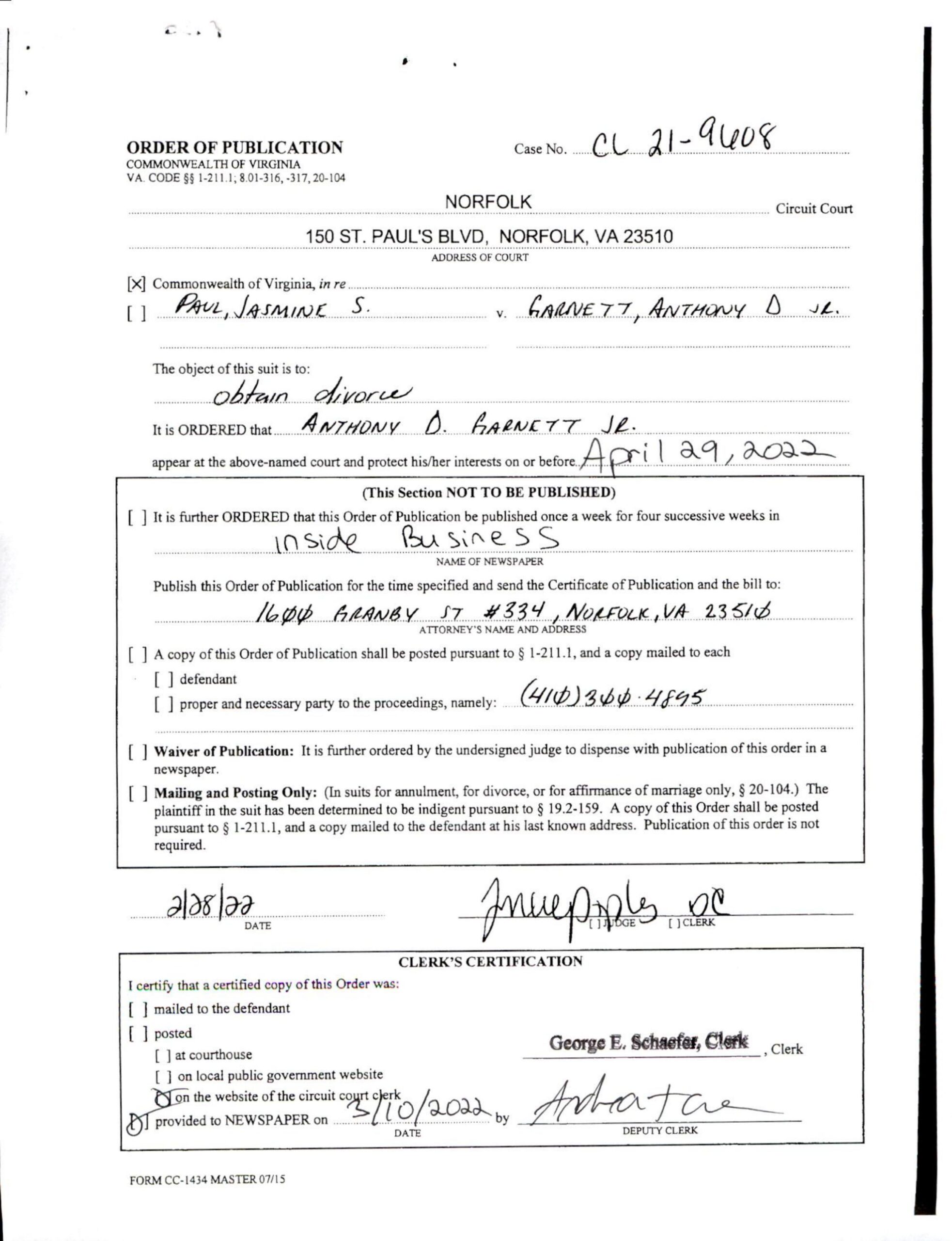 CL21-9608 Order of Publication