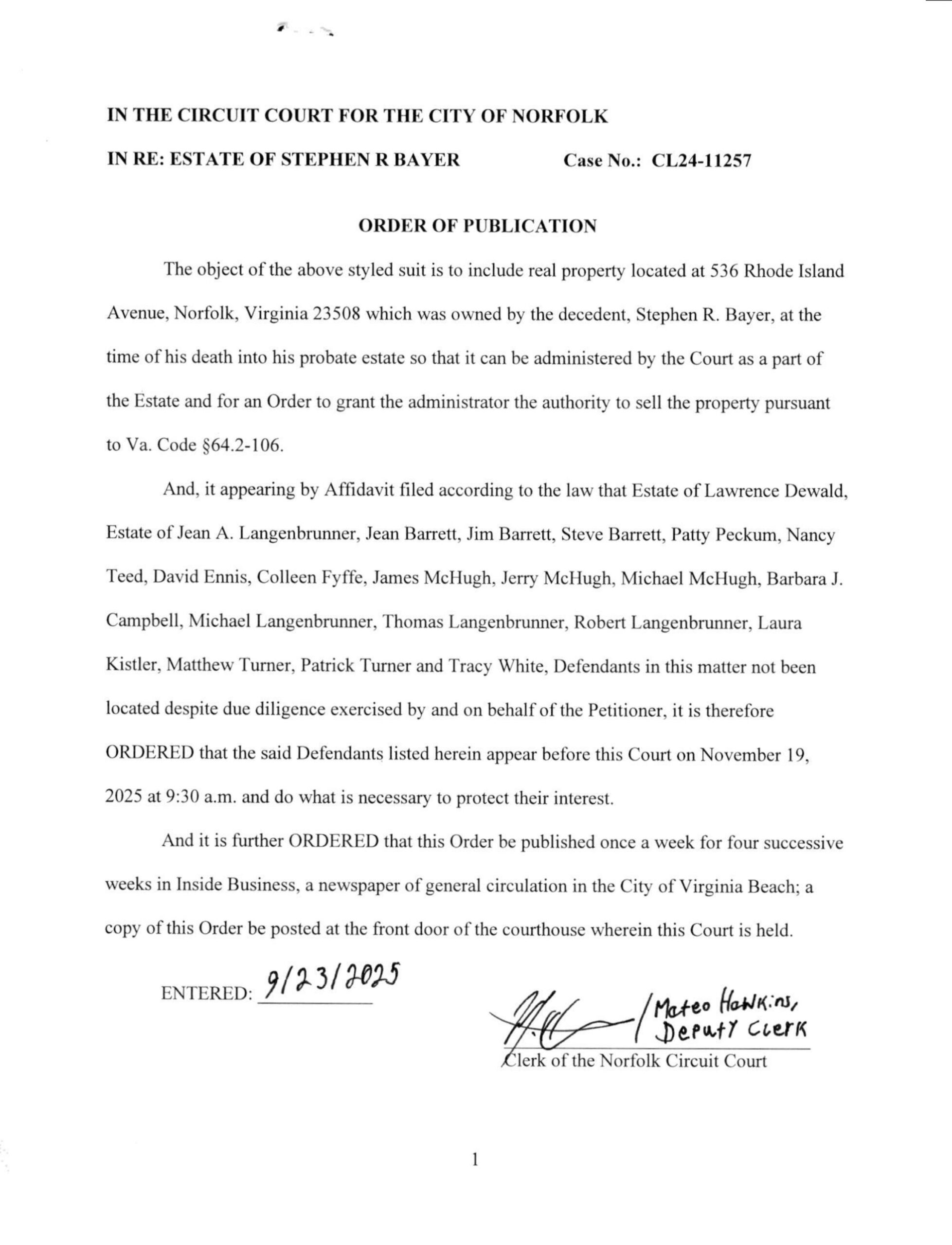 CL24-11257 Order of Publication