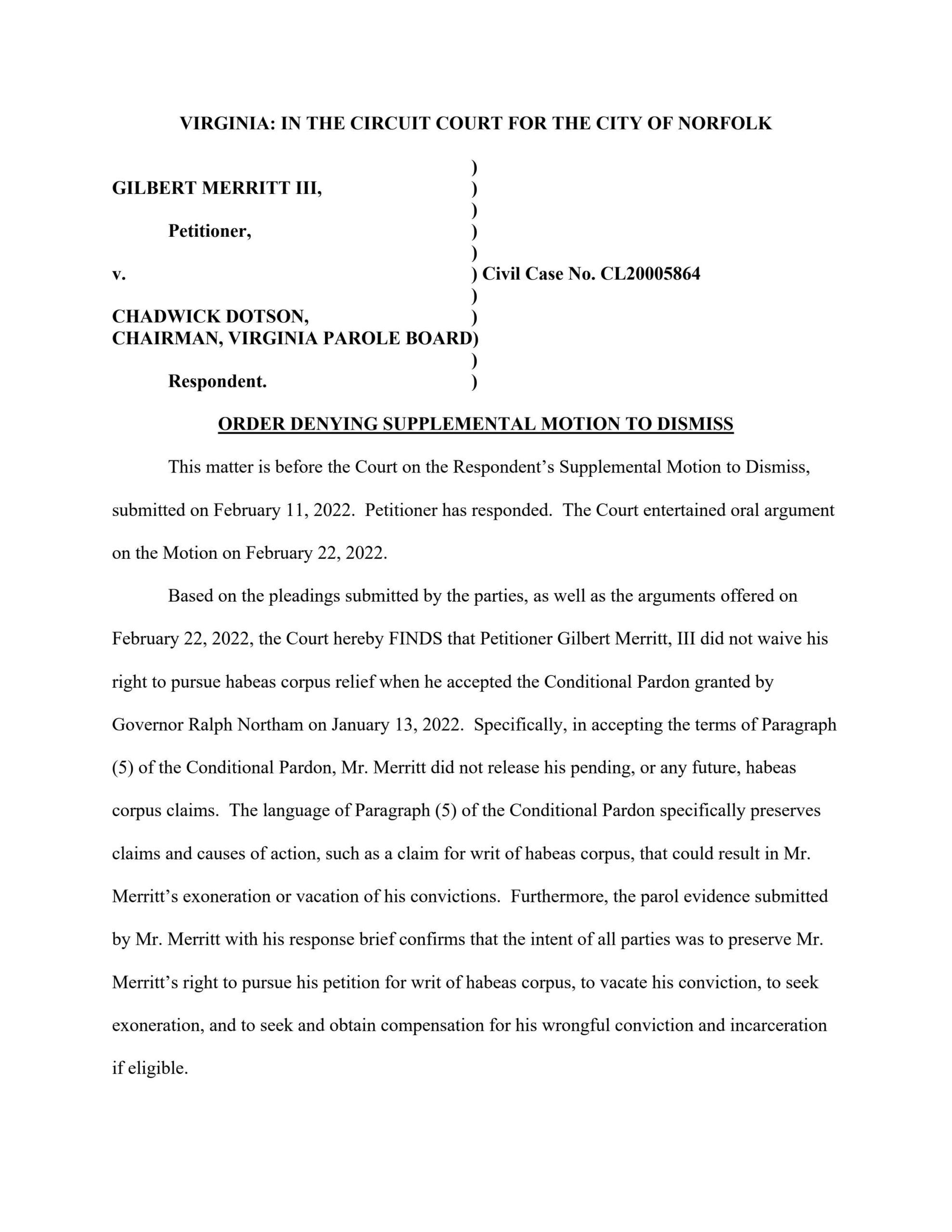 Gilbert Merritt, III v. Chadwick Dotson, Chairman
