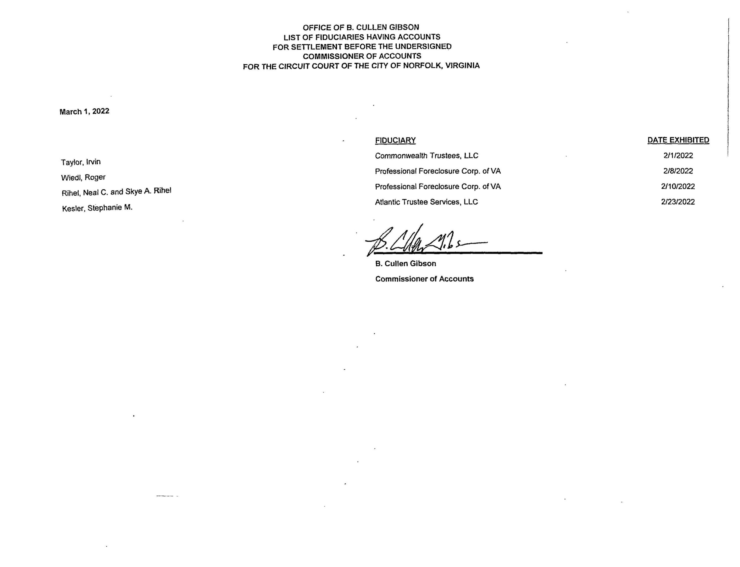 B. CULLEN GIBSON COMMISSIONER OF ACCOUNTS/FIDUCIARY LIST