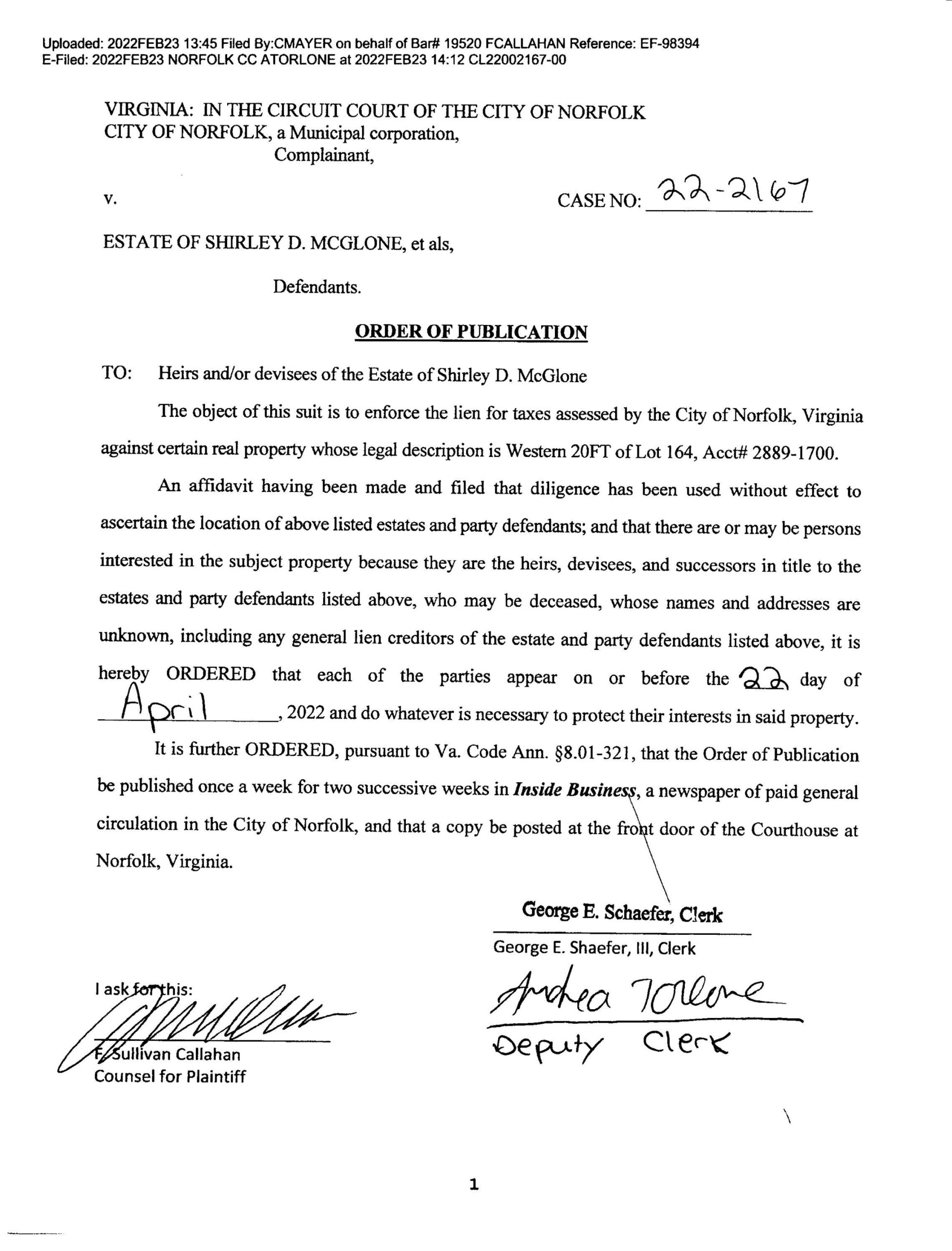 CL22-2167 Order Of Publication