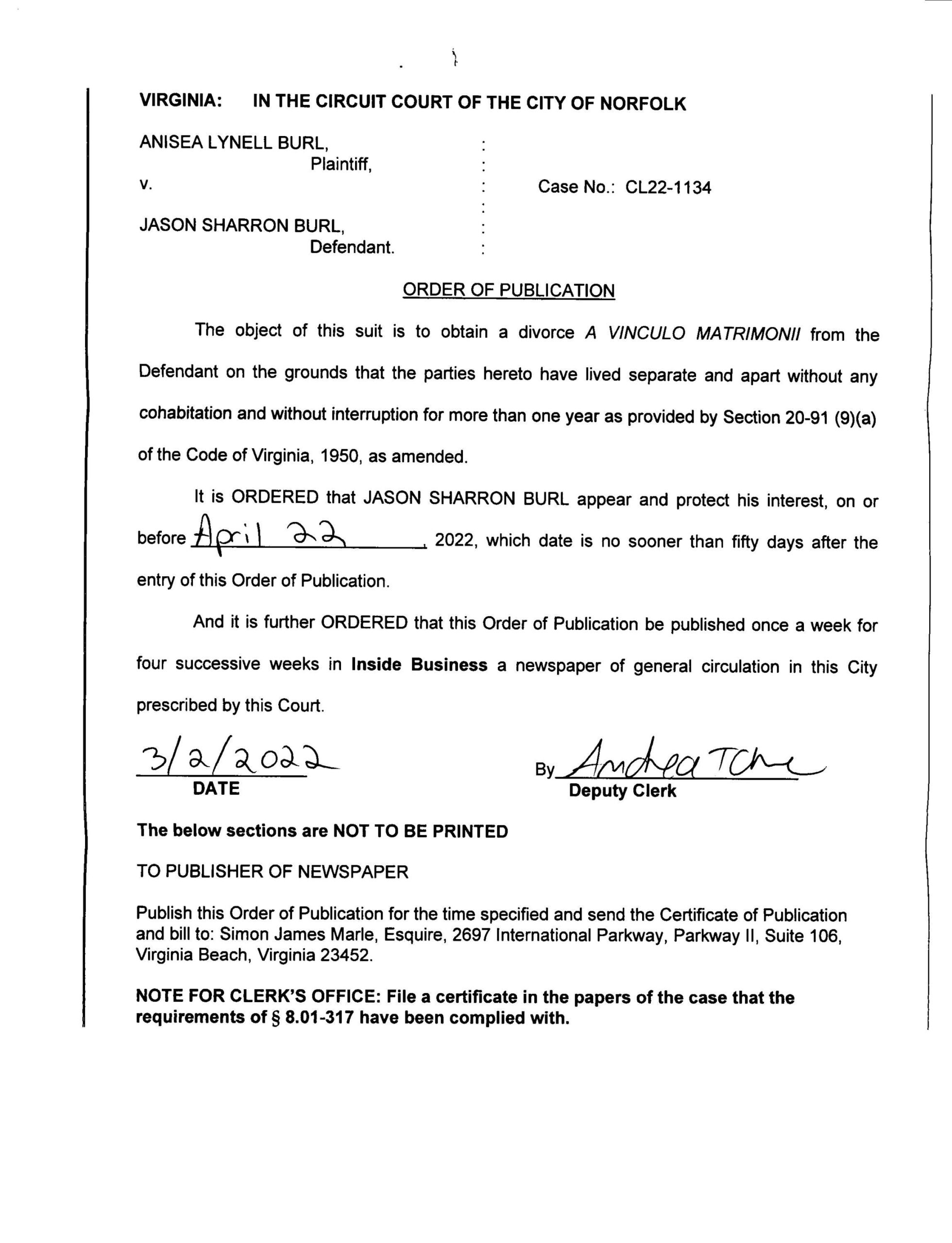 CL22-1134 Order Of Publication