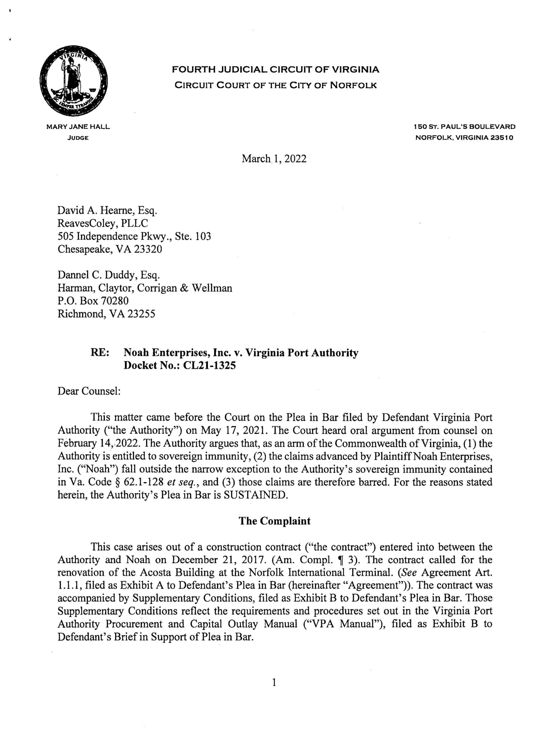Noah Enterprises, Inc. v. Virginia Port Authority