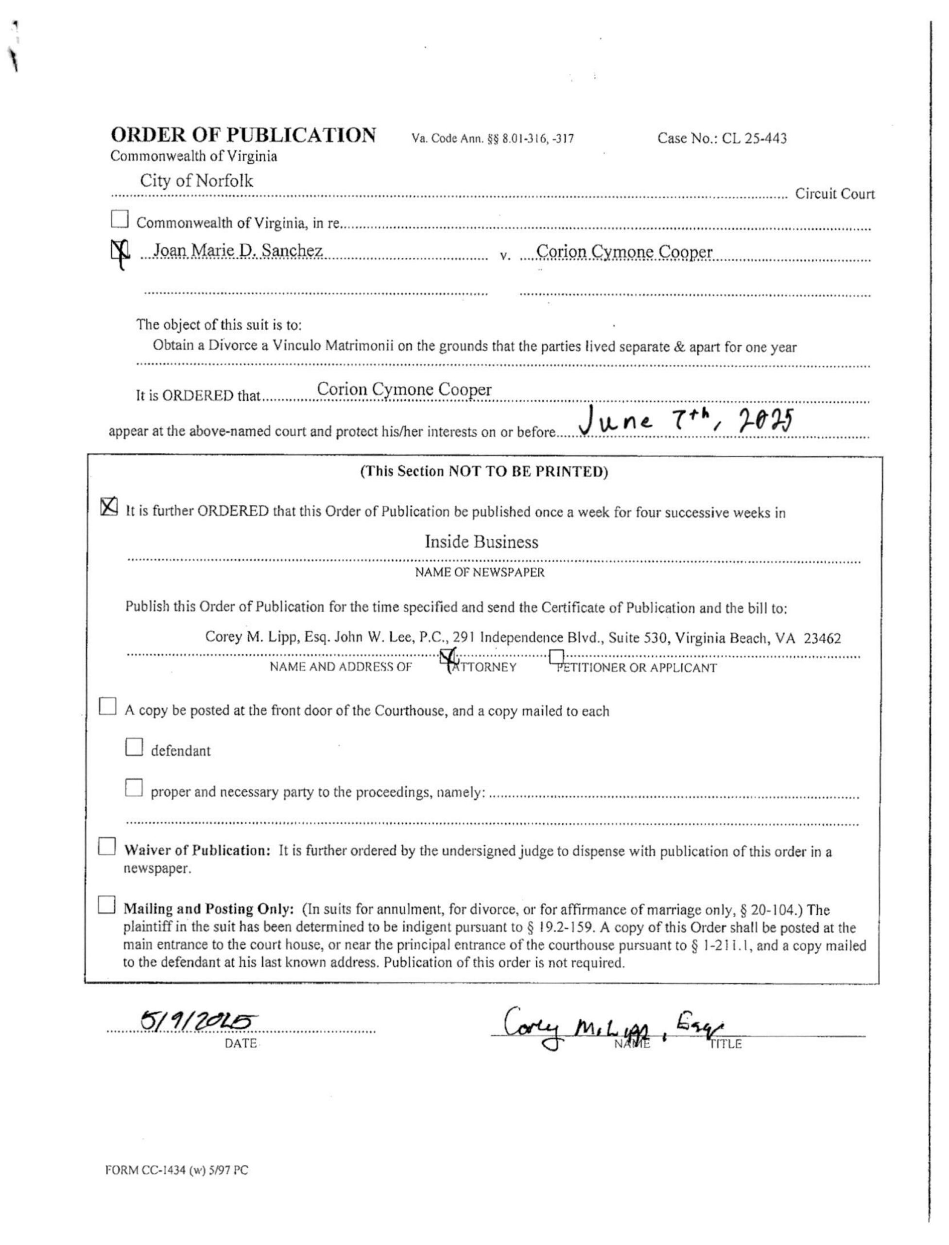 CL25-443 Order of Publication