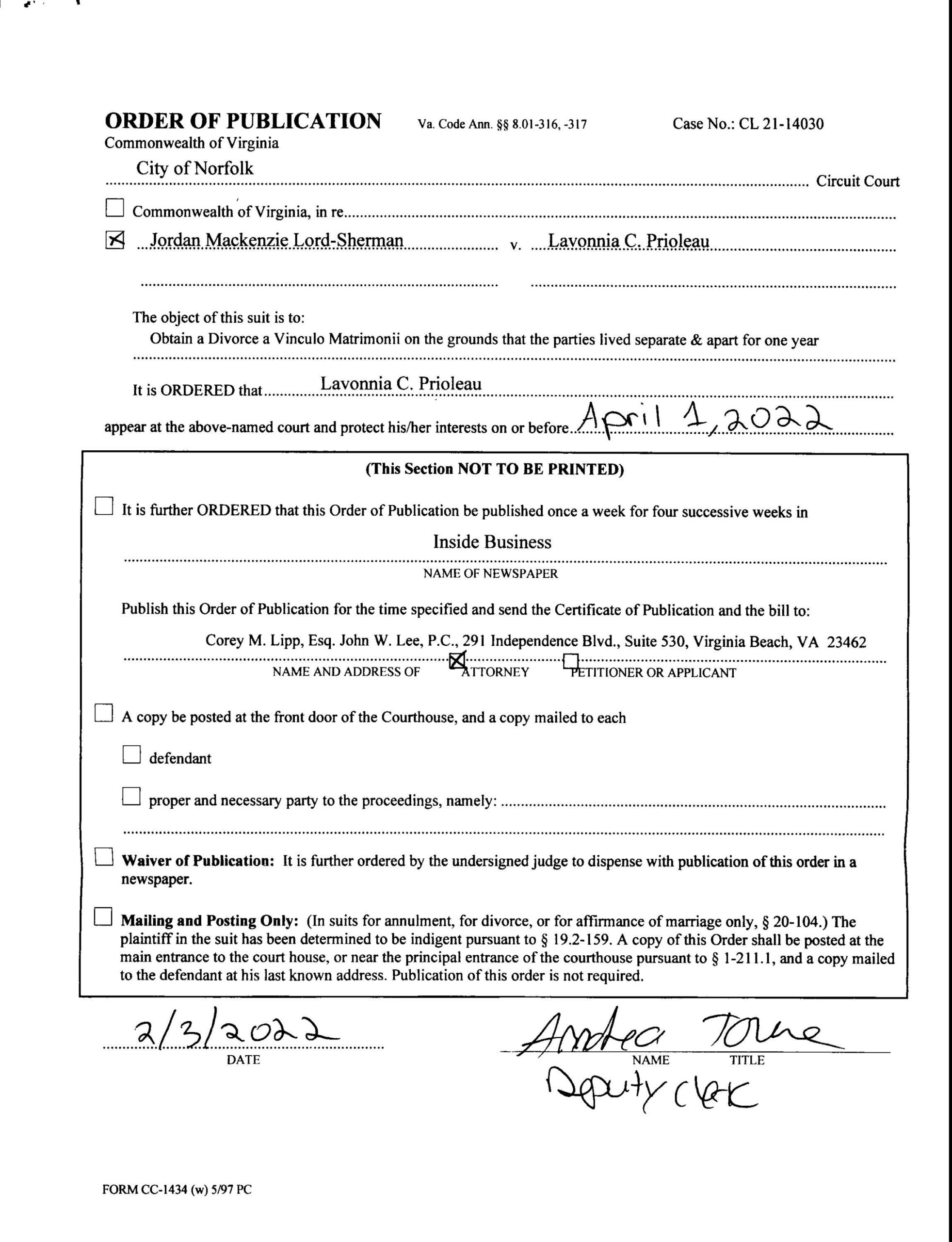 CL21-14030 Order of Publication
