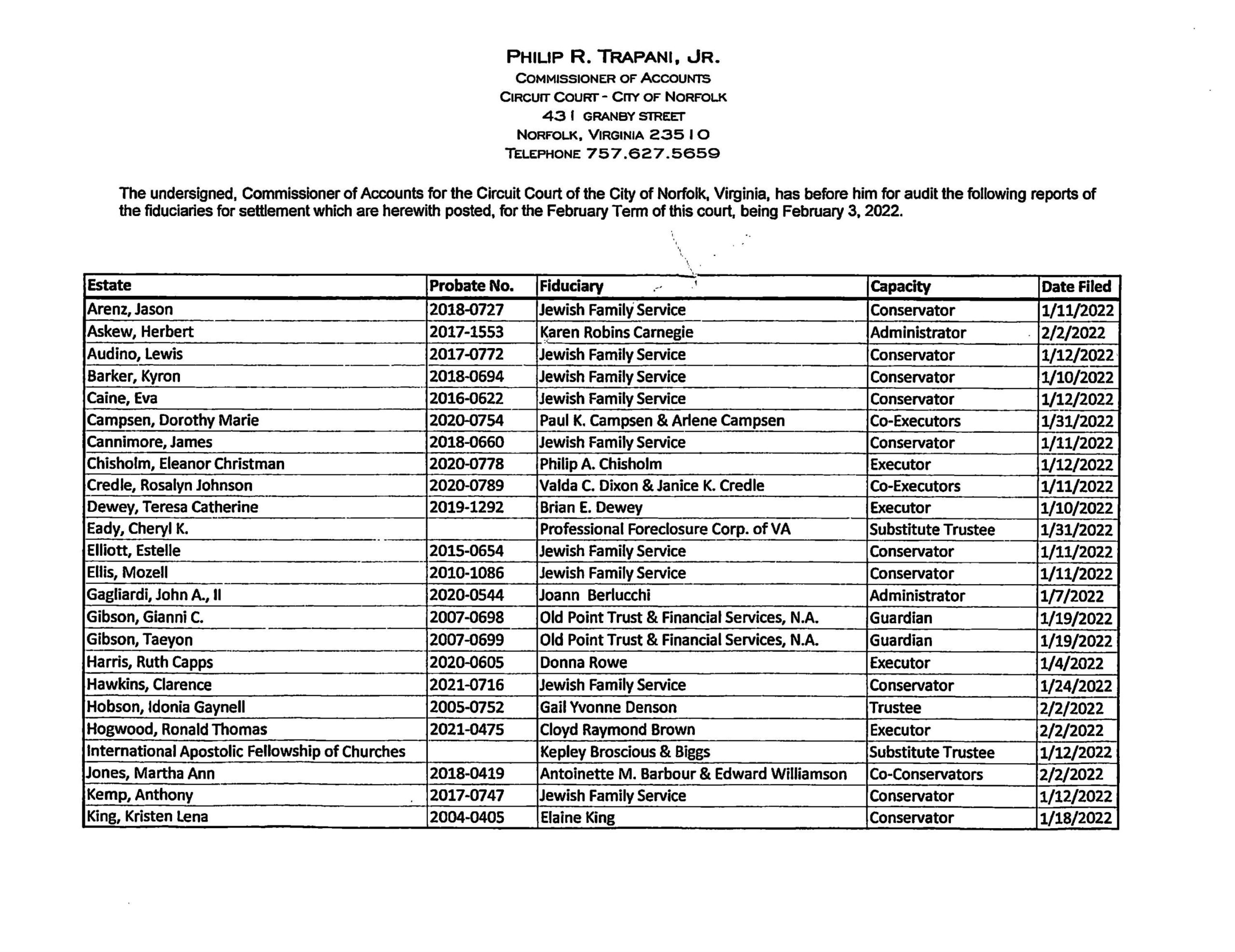 PHILIP R. TRAPANI JR. COMMISSIONER OF ACCOUNTS/FIDUCIARY LIST