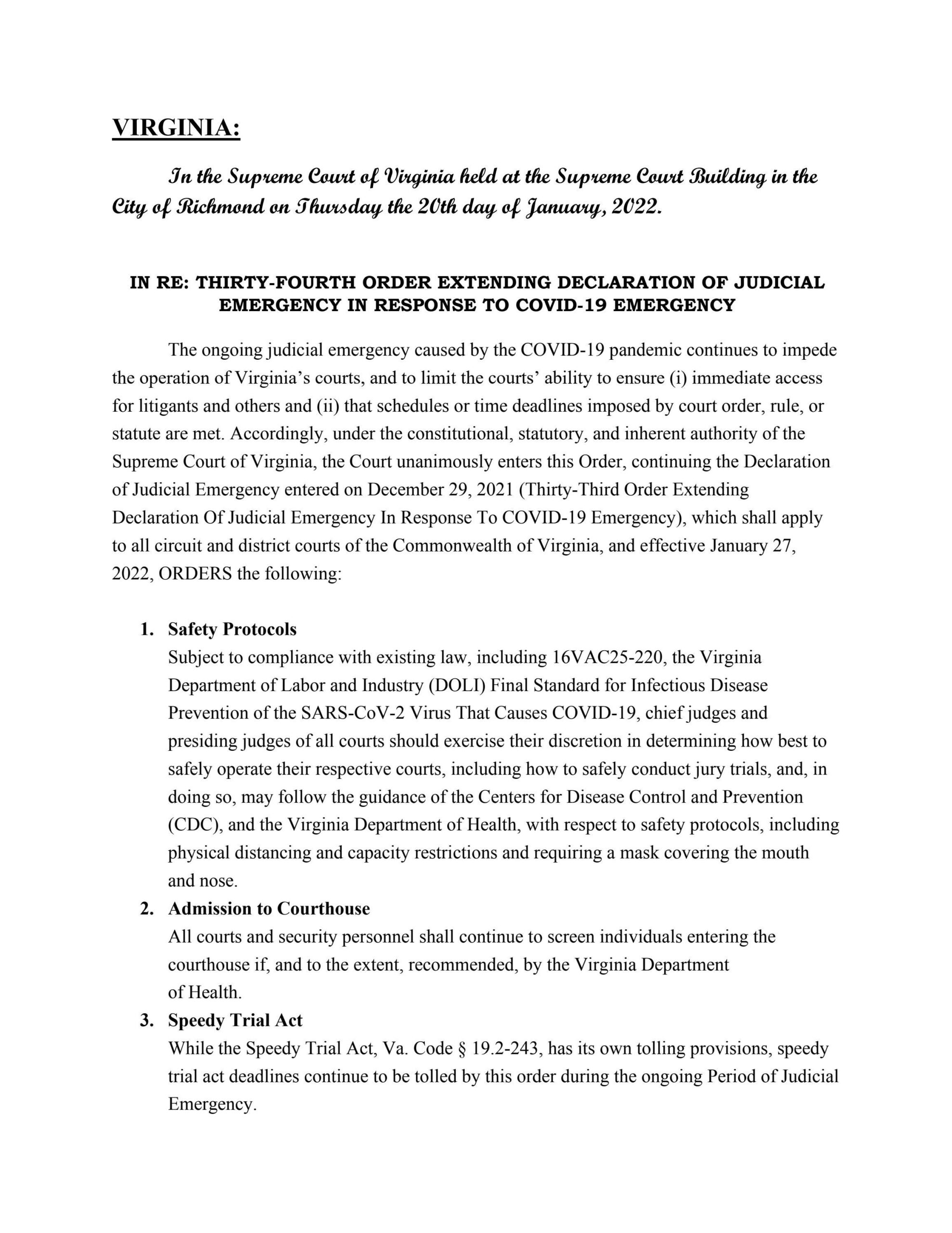 34th Order concerning Judicial Emergency