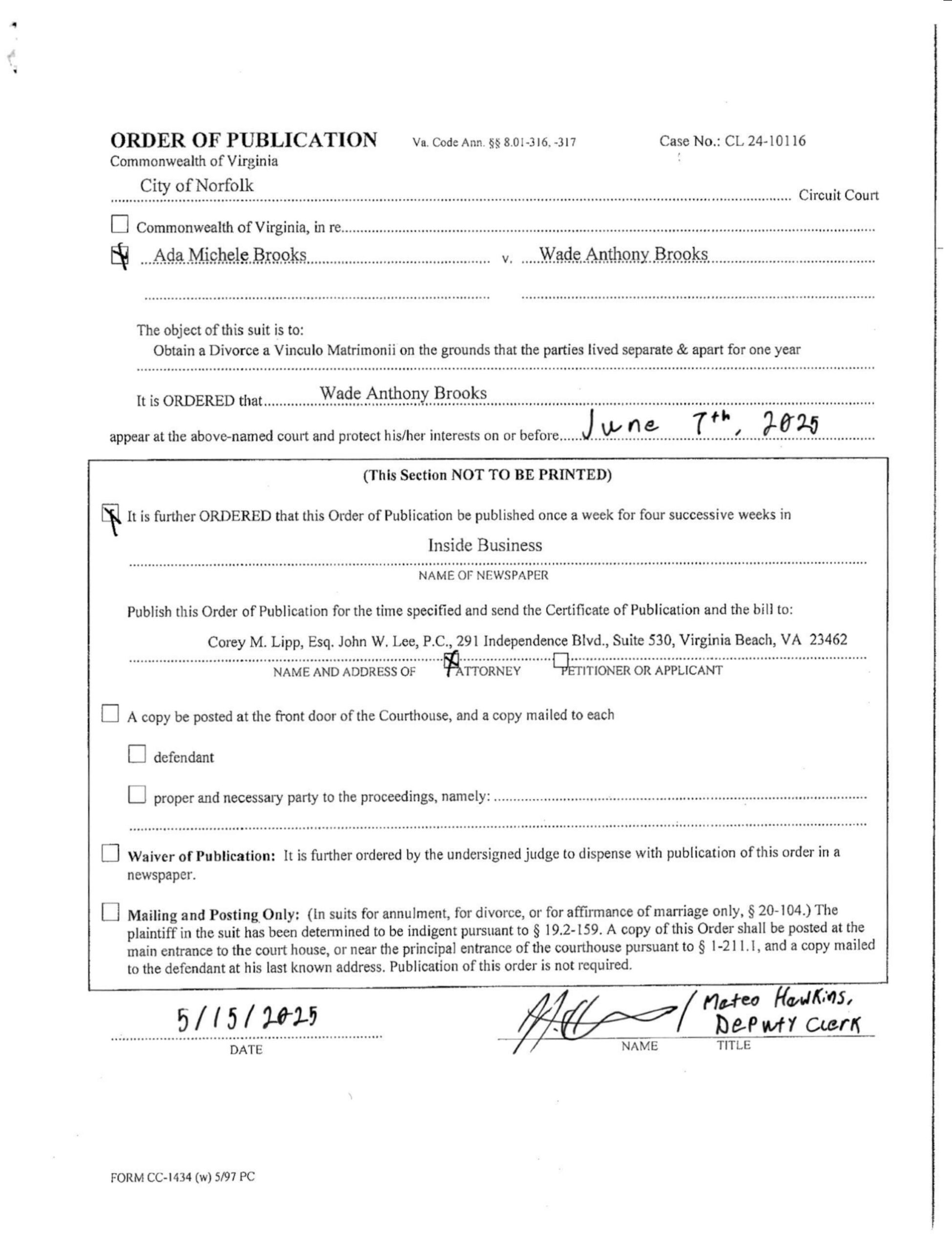 CL24-10116 Order of Publication