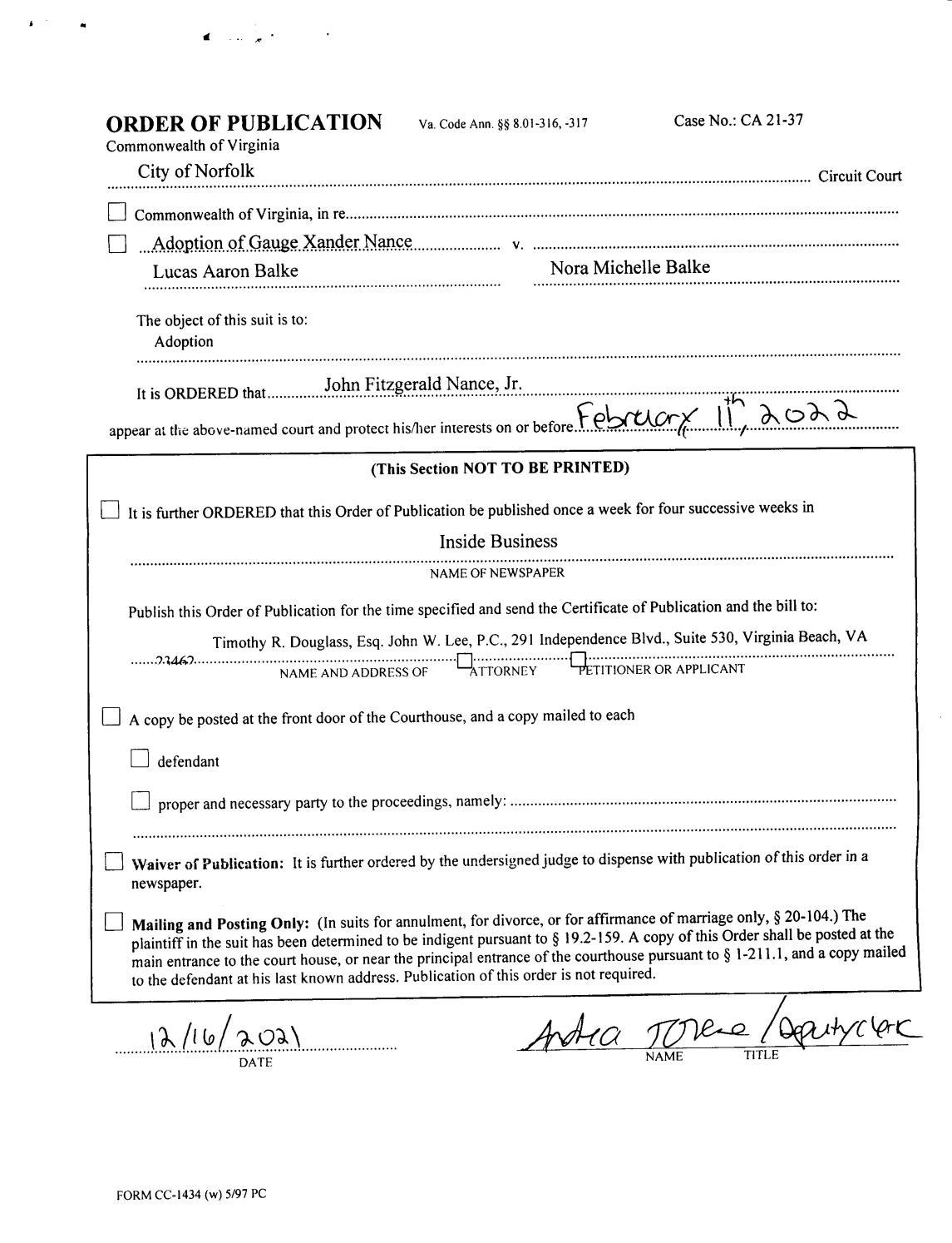 CA21-37 Order Of Publication