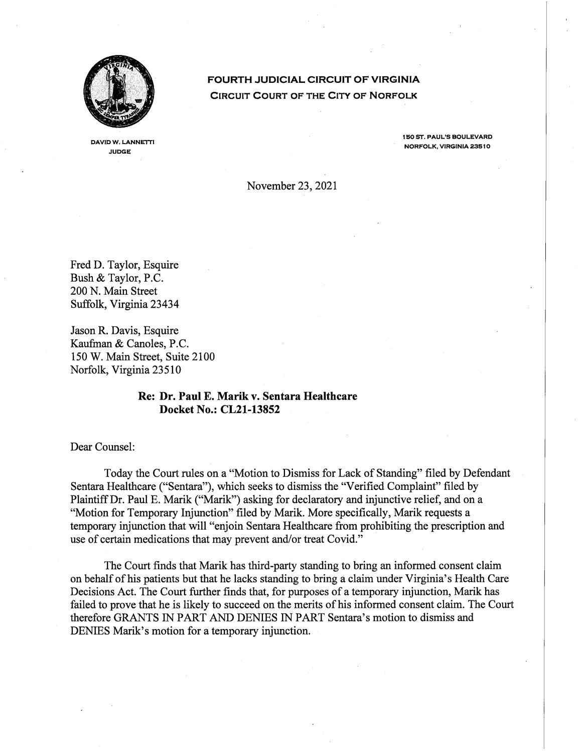 Marik va Sentara Letter Opinion