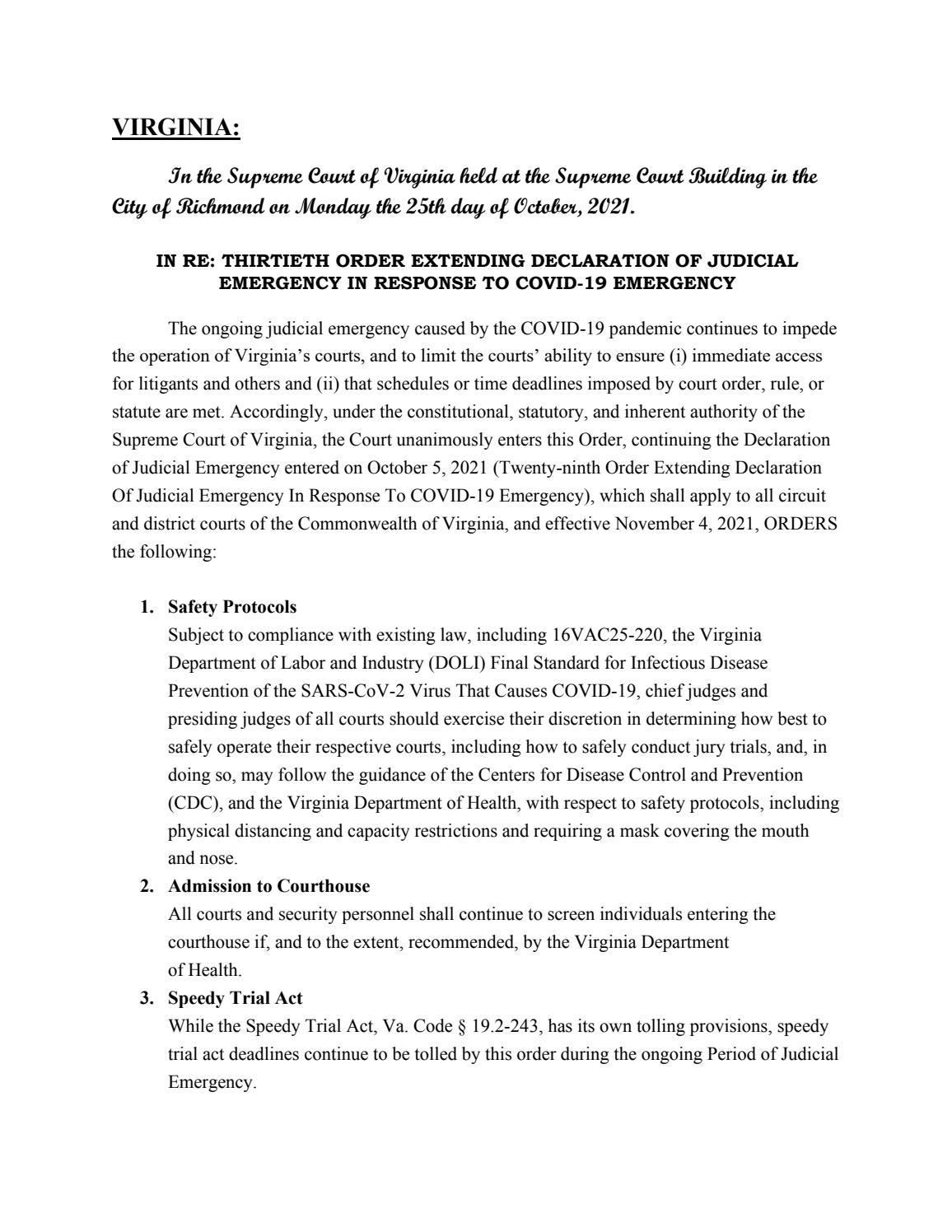 THIRTIETH ORDER EXTENDING DECLARATION OF JUDICIAL EMERGENCY IN RESPONSE TO COVID-19 EMERGENCY