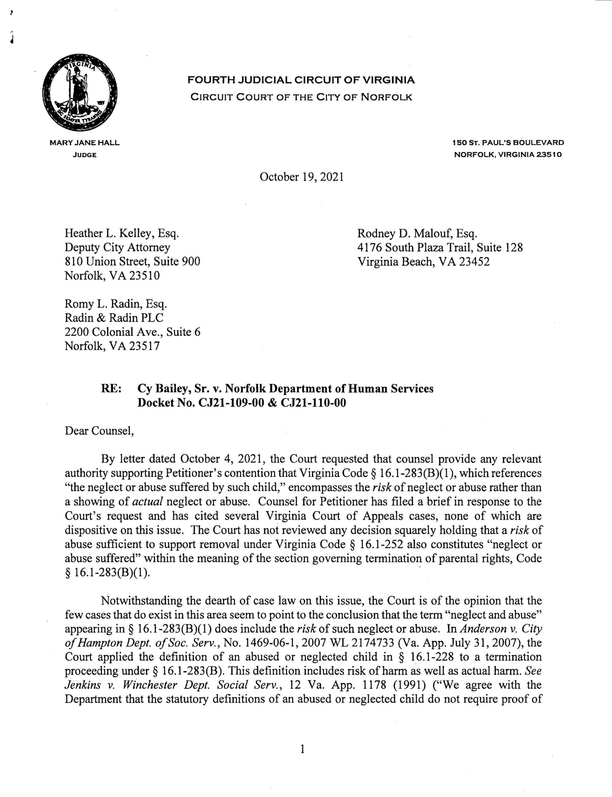 Cy Bailey, Sr. v. Norfolk Department of Human Services