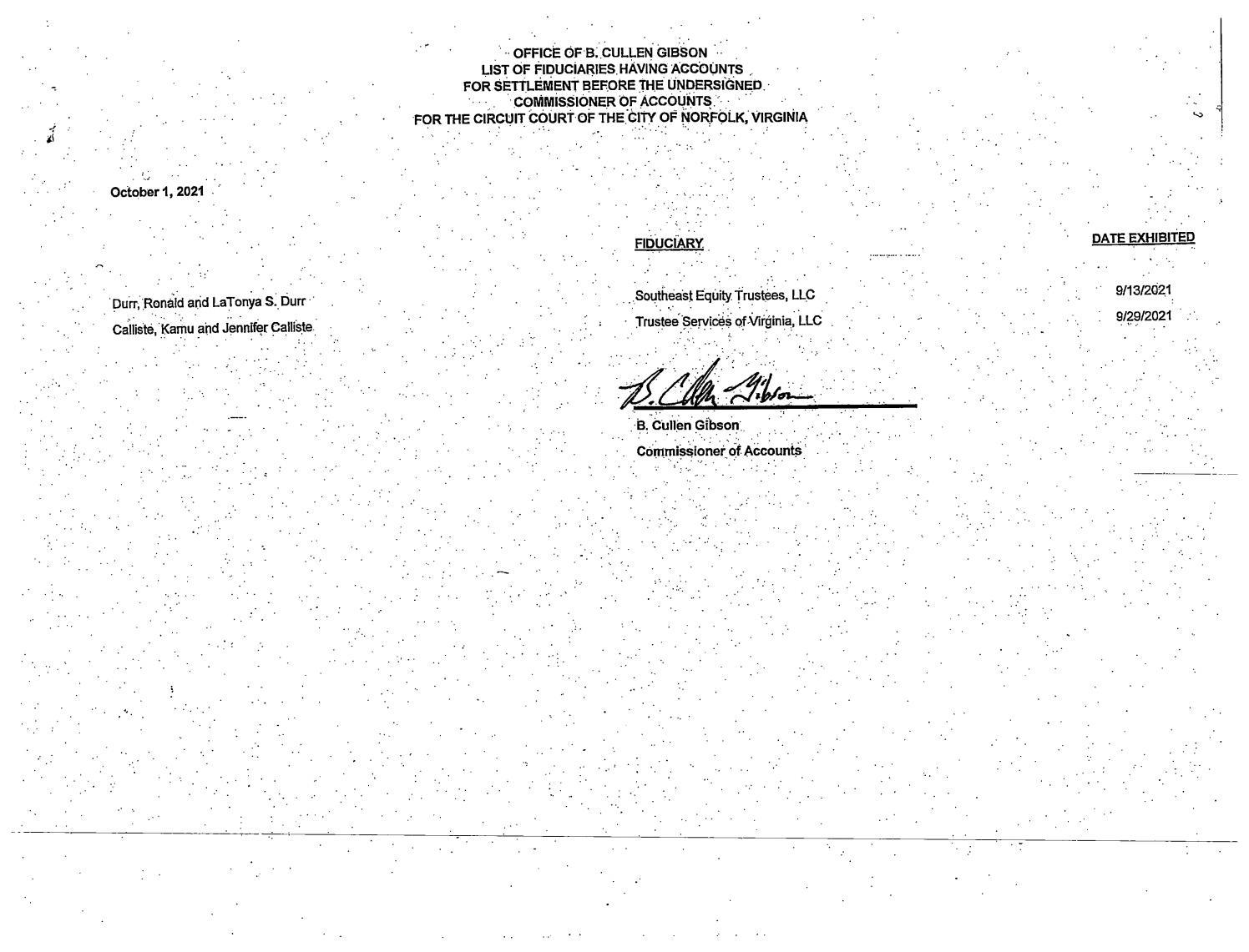 B. Cullen Gibson Commissioner of Accounts/Fiduciary List