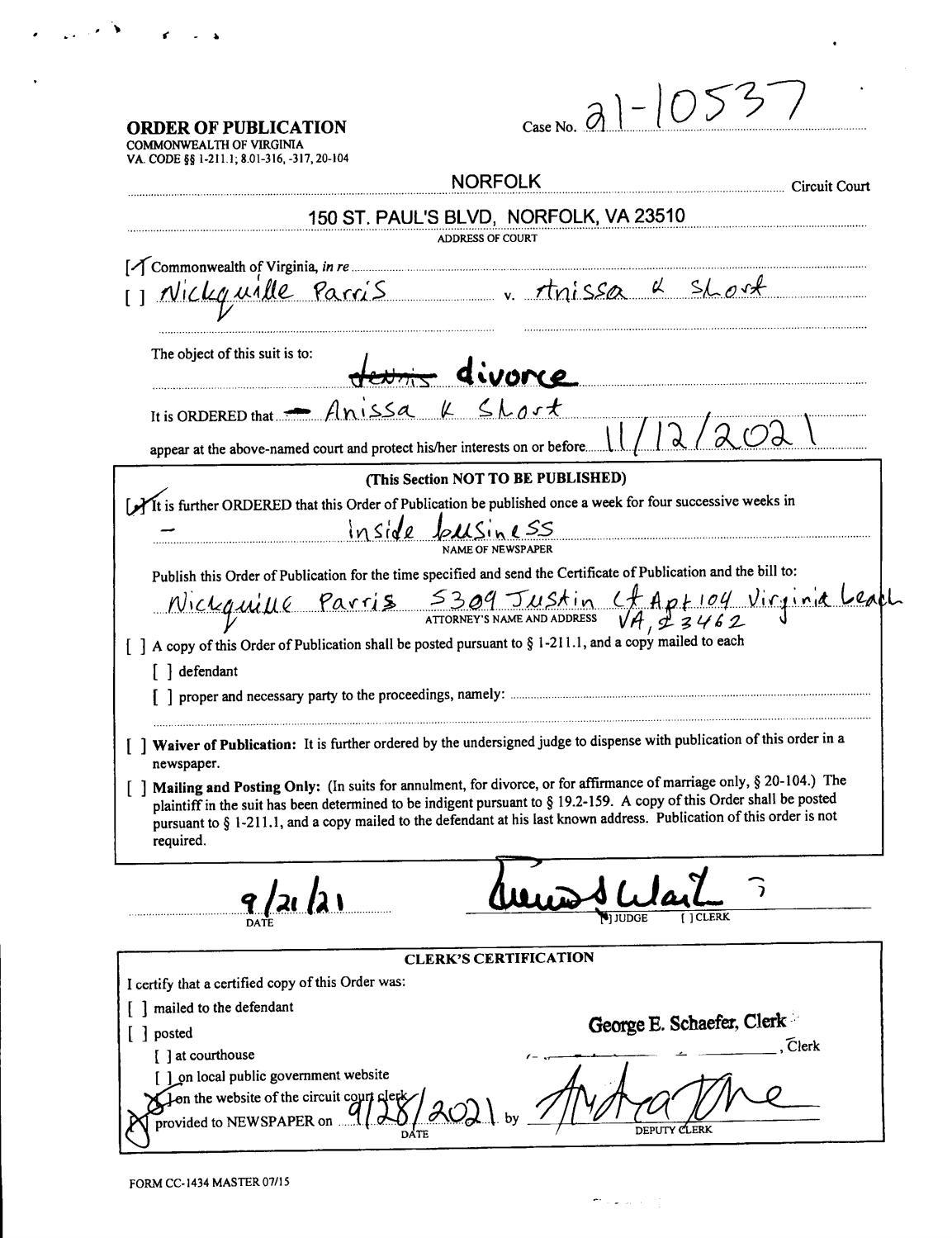 CL21-10537 Order Of Publication