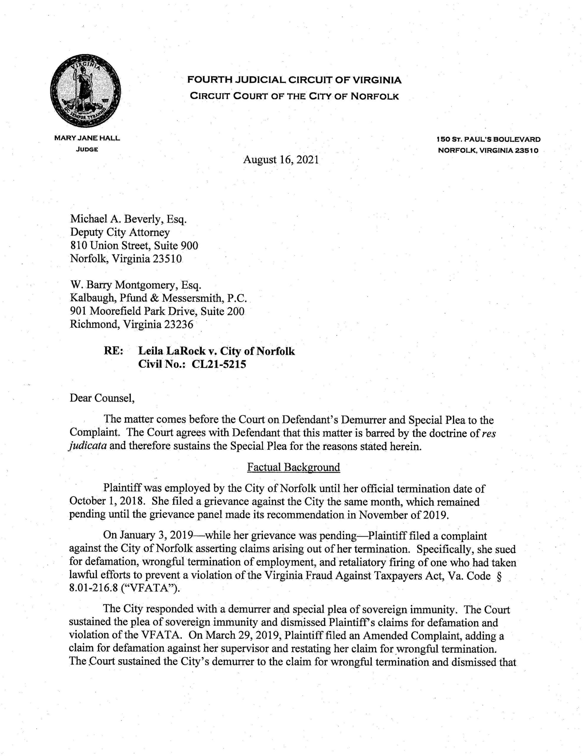 Leila LaRock v. City of Norfolk