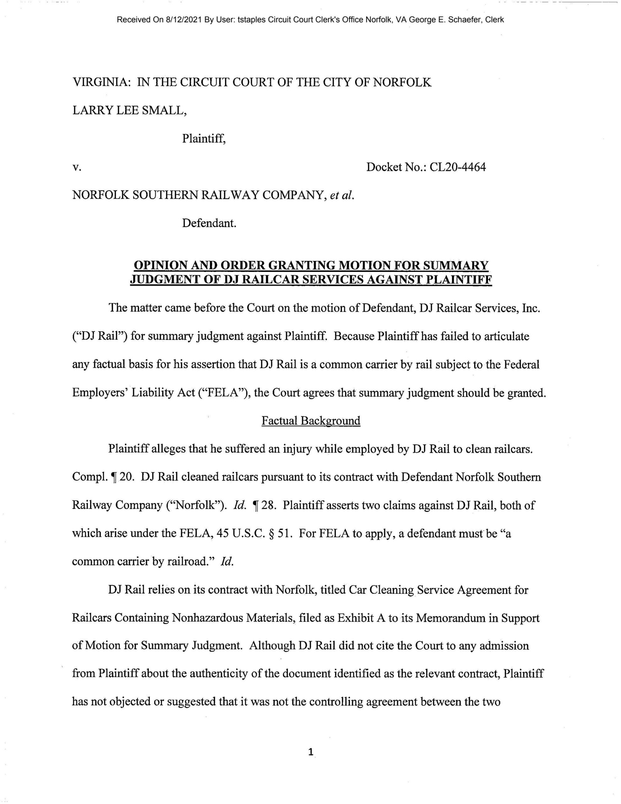 Larry Lee Small v. Norfolk Southern Railway Co., et al. (Order Granting SJ)