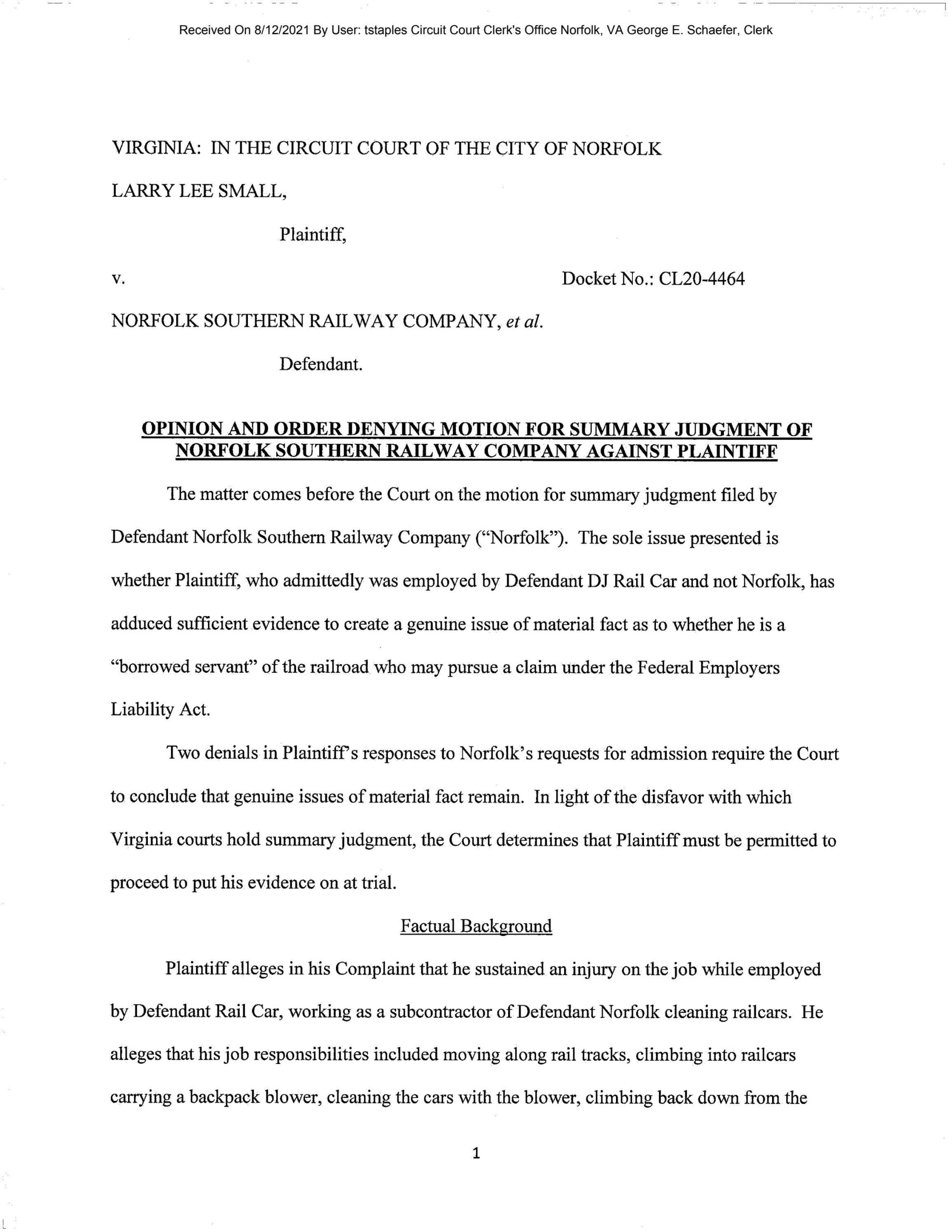 Larry Lee Small v. Norfolk Southern Railway Co., et al. (Order Denying SJ)