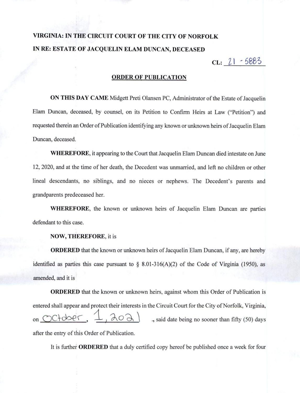 CL21-5883 Order of Publication