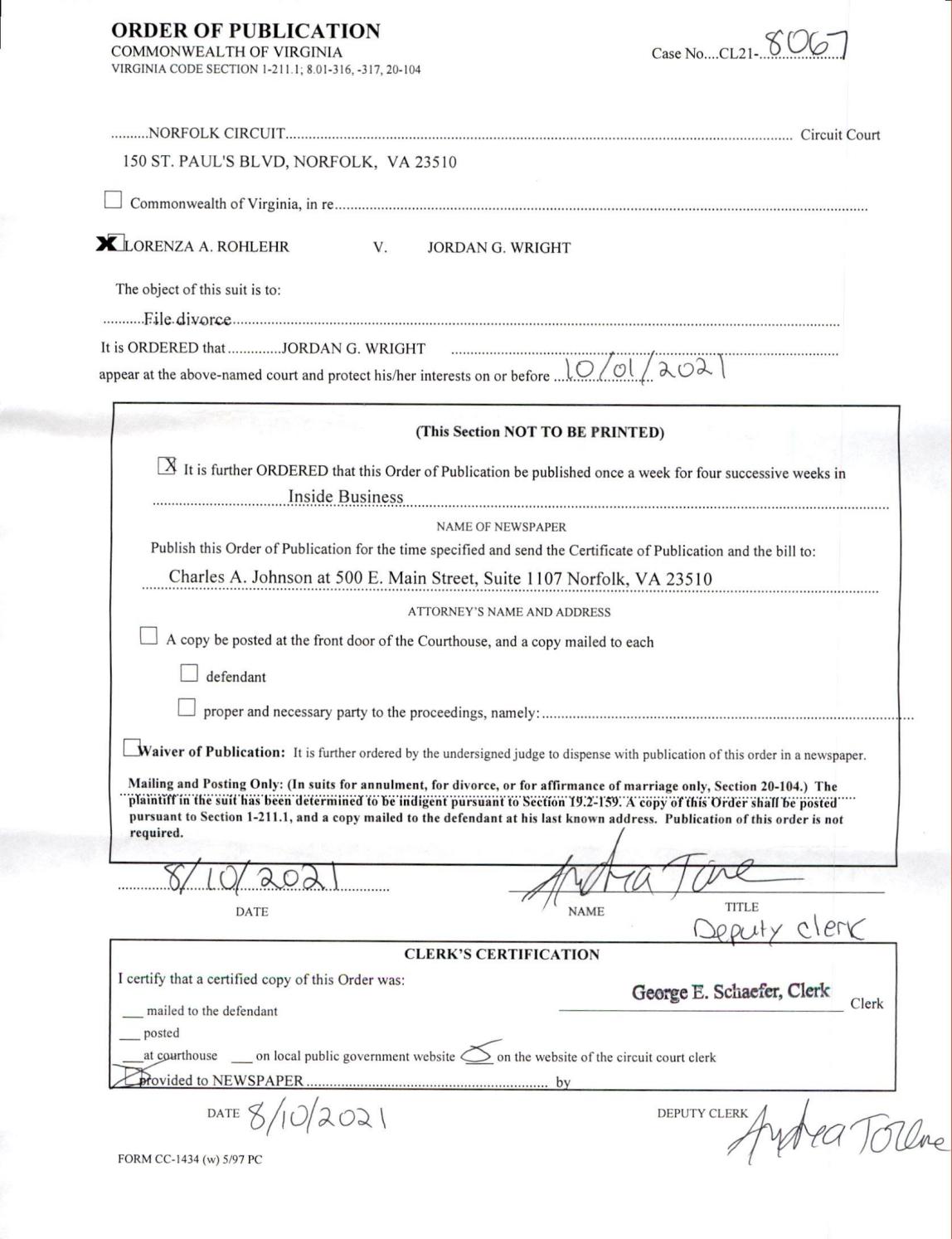 CL21-8067 Order Of Publication