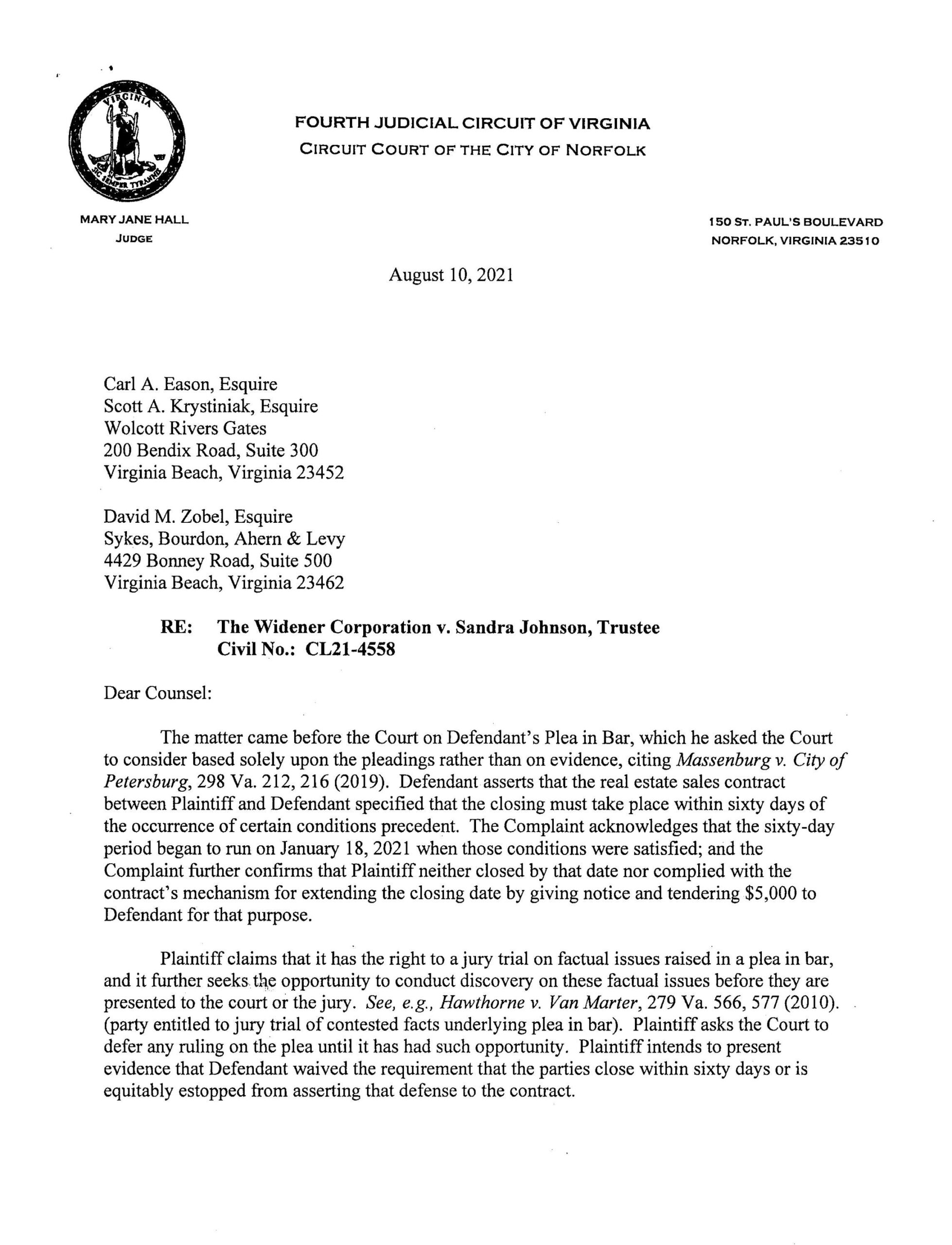 The Widener Corporation v. Sandra Johnson, Trustee