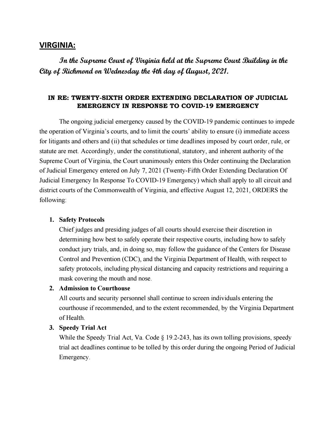 SCV 26th Order Extending Judicial Emergency