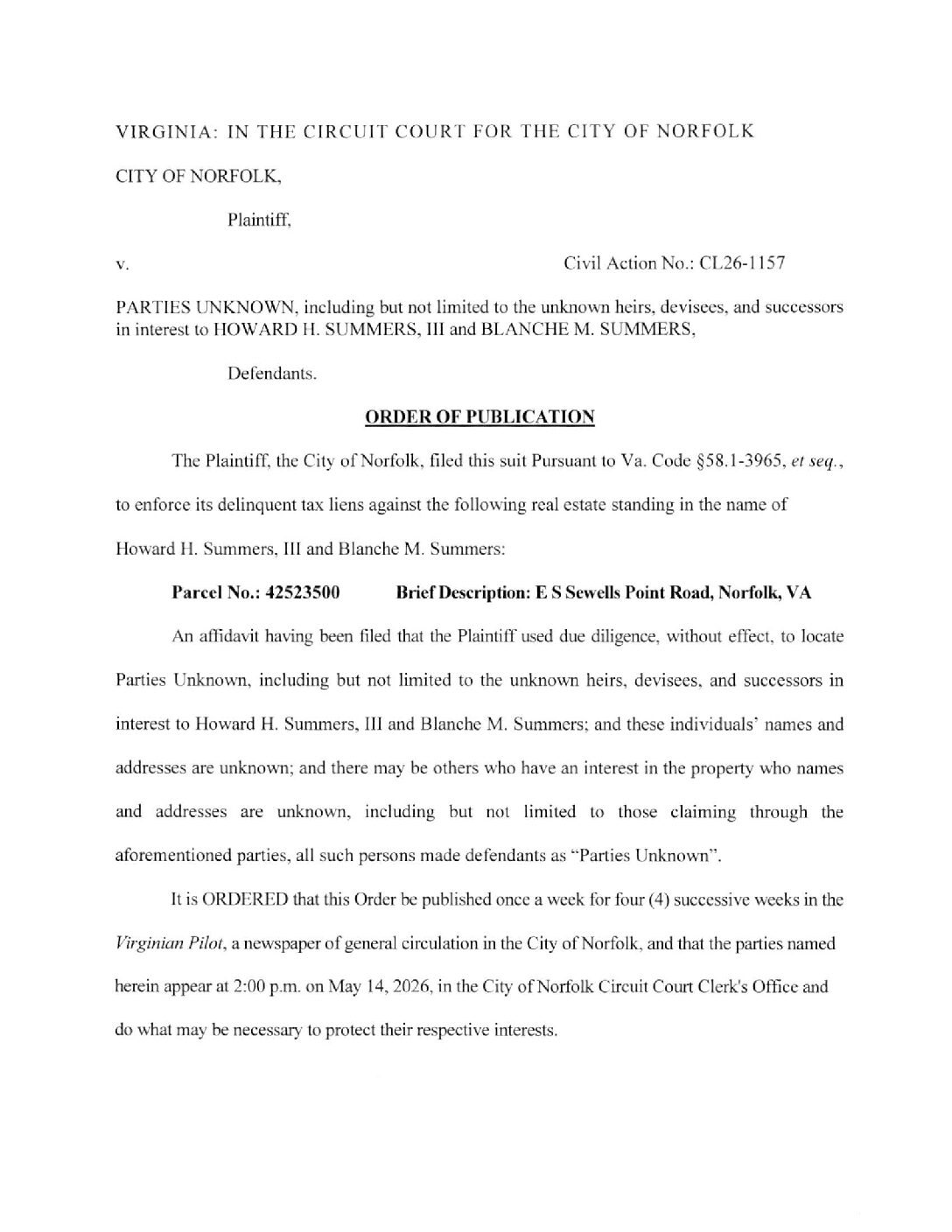 CL26-1157 Order of Publication