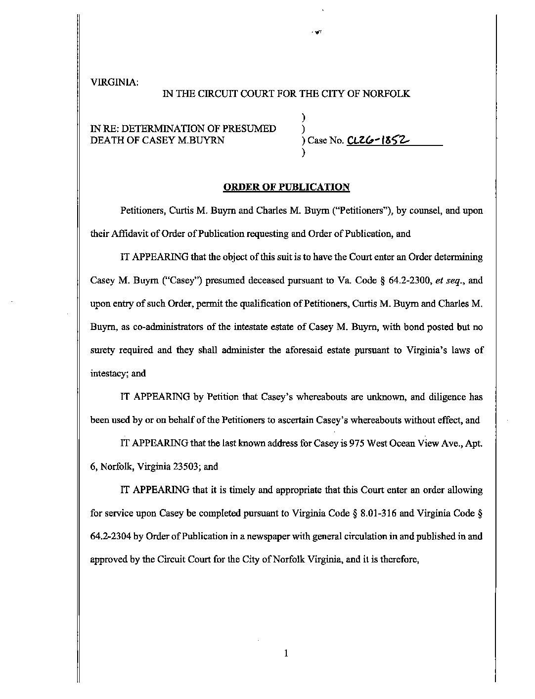 CL26-1852 Order of Publication