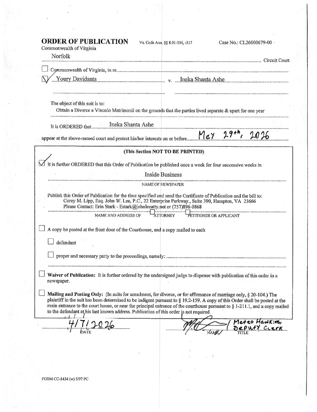 CL26-679 Order of Publication