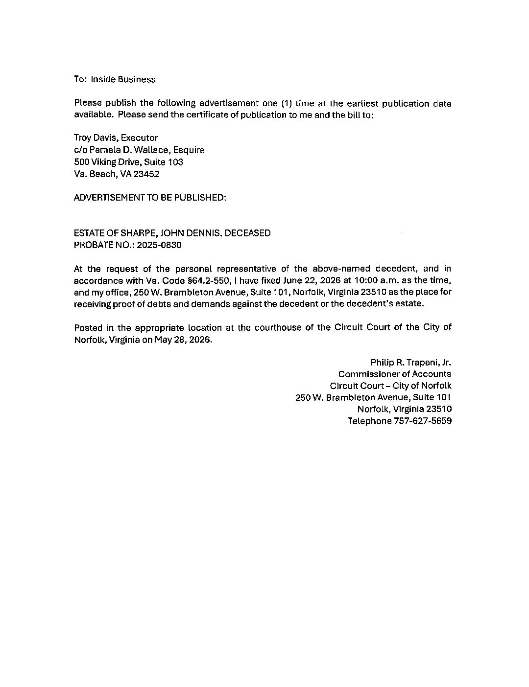 Notice regarding Estate of Sharpe, John Dennis, Deceased