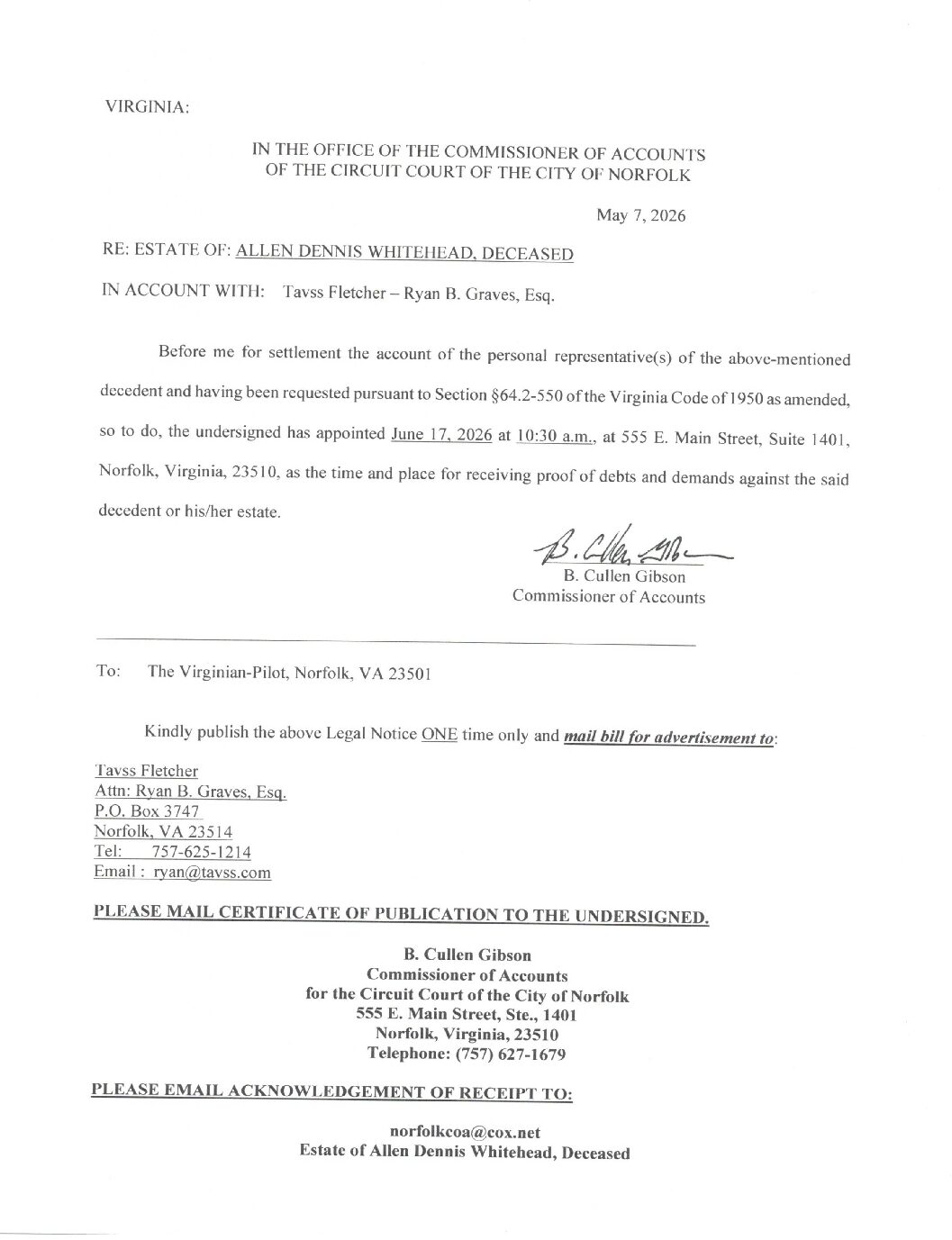 Notice for Estate of Allen Dennis Whitehead, Deceased