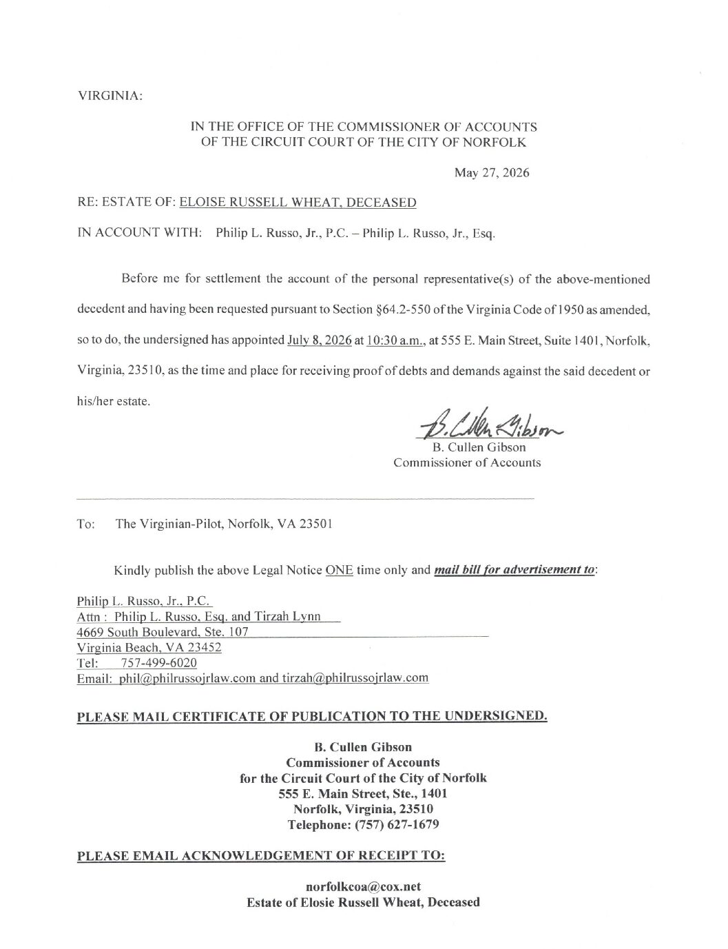 Notice for Estate of Eloise Russell Wheat, Deceased