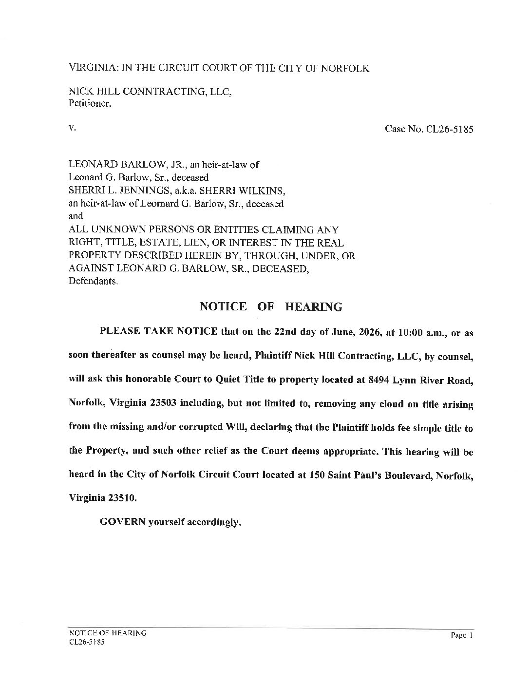 CL26-5185 Notice of Hearing