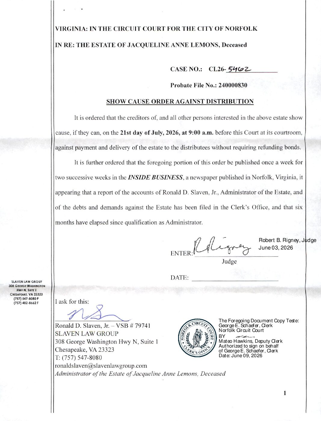 CL26-5462 Show Cause Order