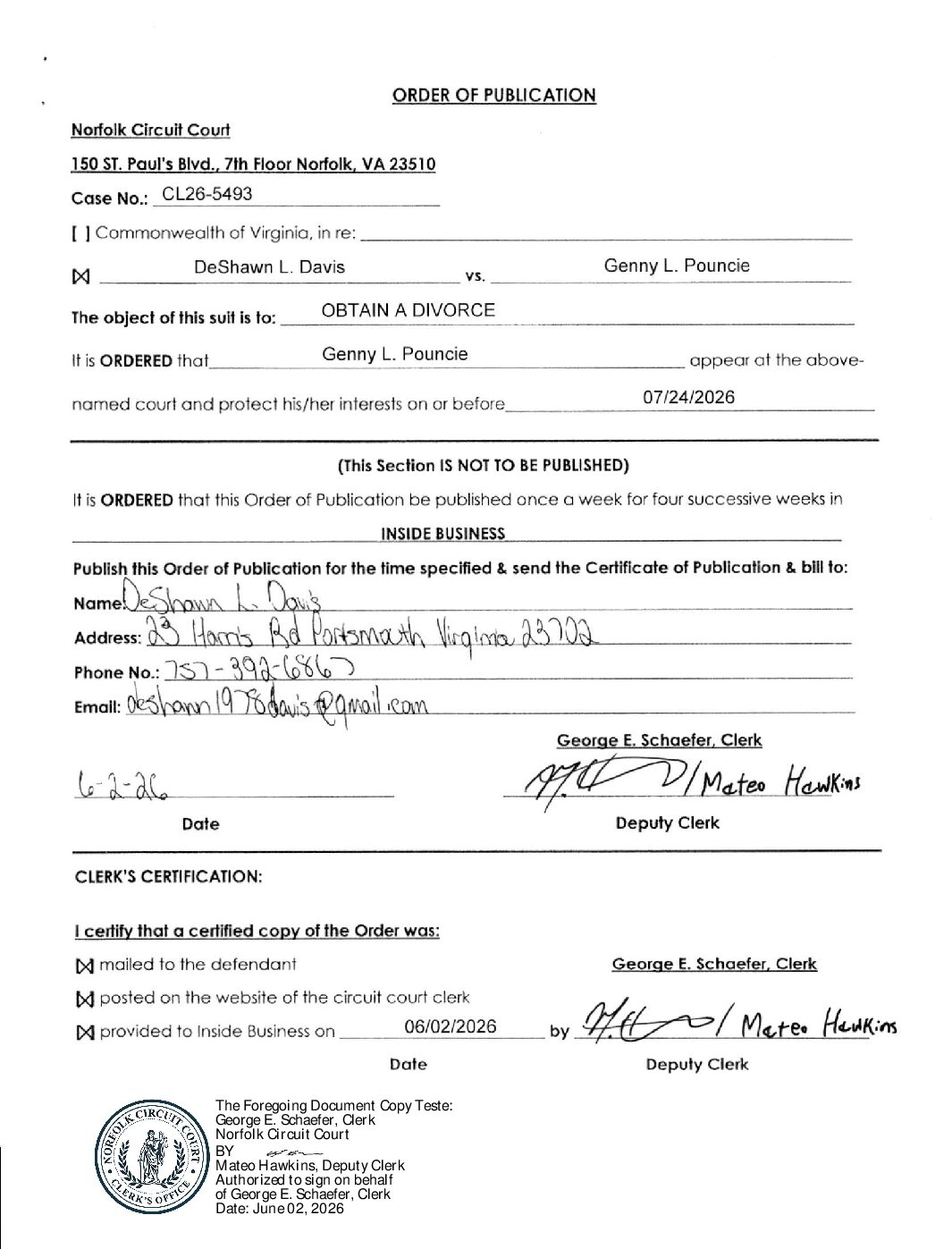 CL26-5493 Order of Publication