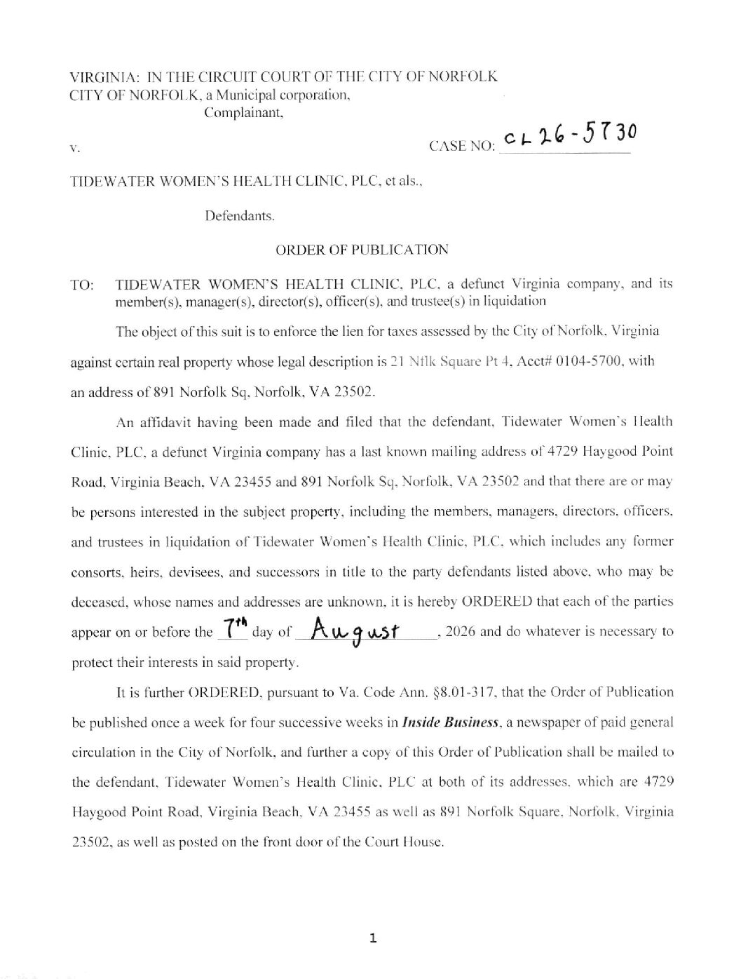 CL26-5730 Order of Publication
