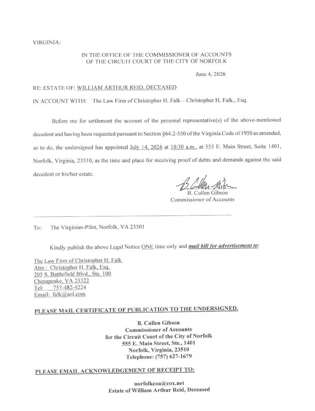 Notice for the Estate of William Arthur Reid, Deceased