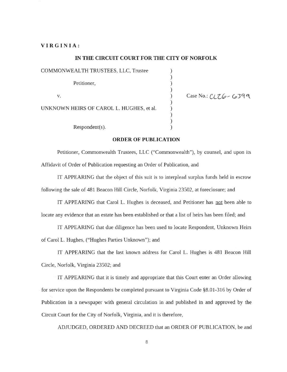 CL26-6399 Order of Publication